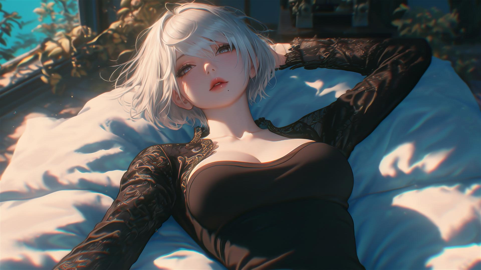High angle view of 2B from Nier in bed with relaxed posture and short hair.
