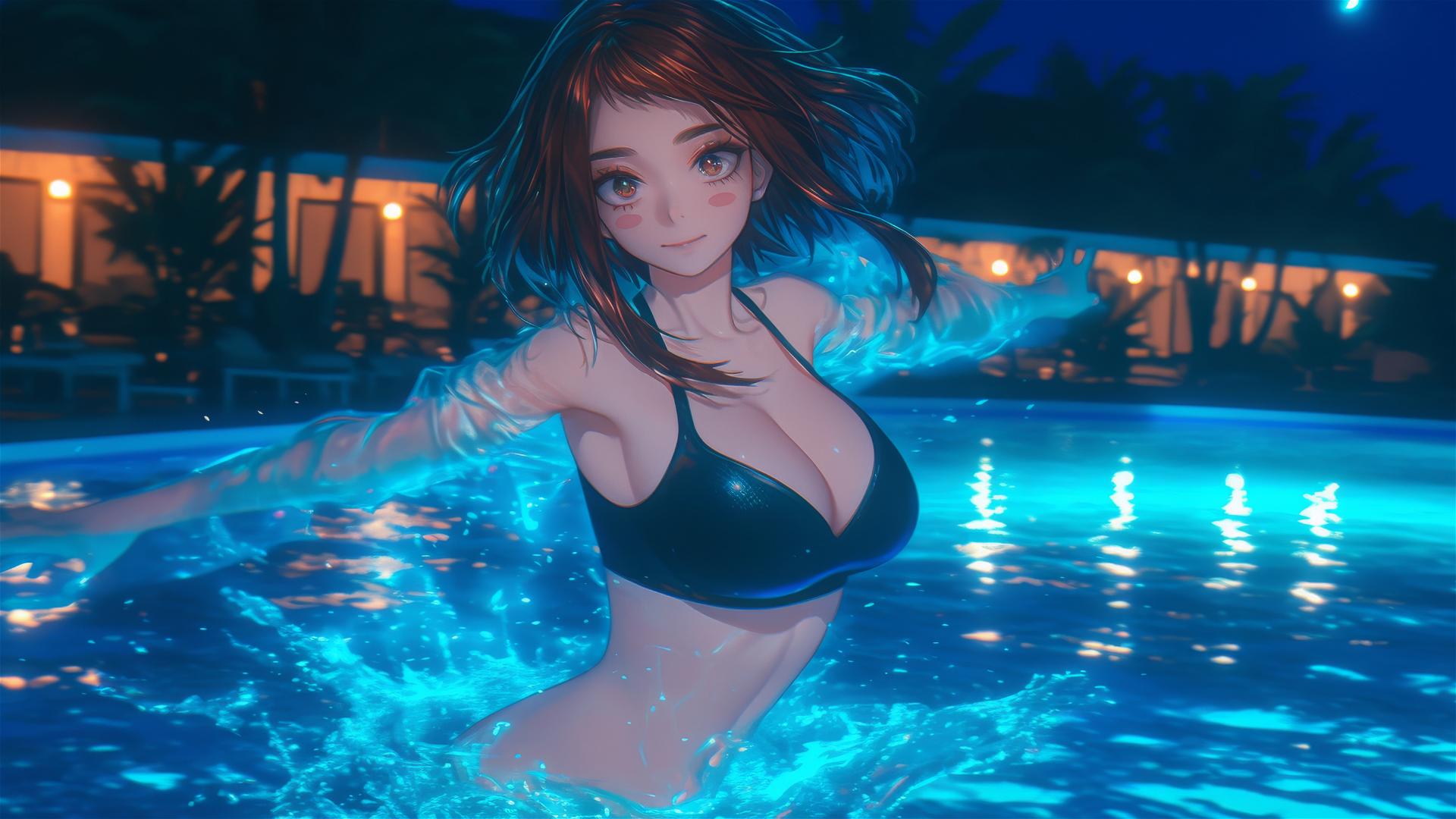 Ochaco Uraraka jumping out of a swimming pool under moonlight