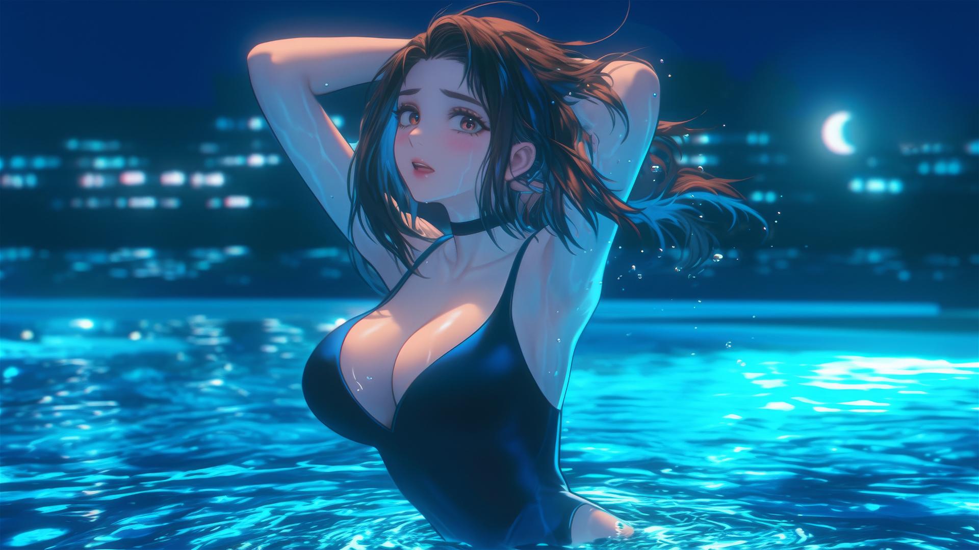 Ochaco Uraraka from My Hero Academia jumping out of a swimming pool under moonlight, with auburn hair and eyes, wearing bobbed hair with two long strands framing her face.