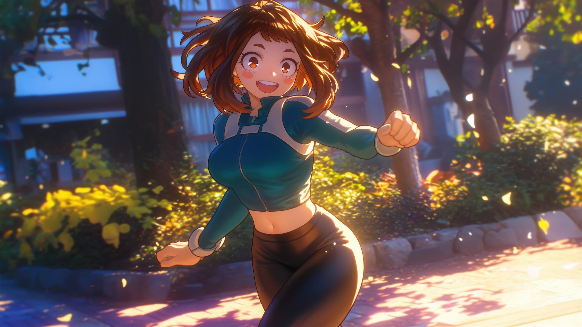 Ochaco Uraraka running in a park at sunrise with auburn hair and pink cheeks