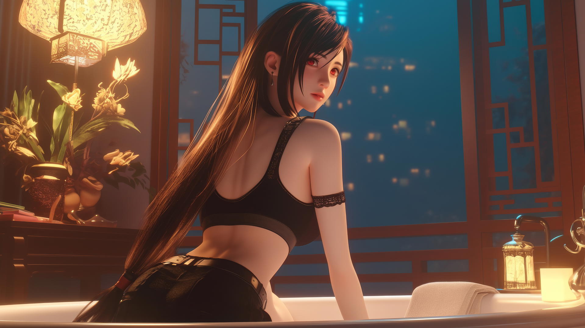 Tifa Lockhart from Final Fantasy in a modern apartment at a tub, warm light