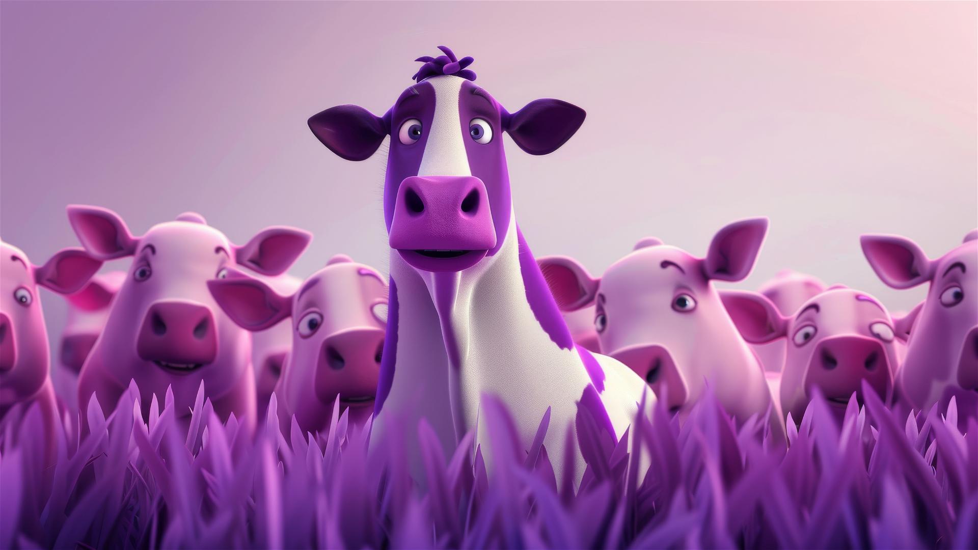 Purple cow cartoon among plain cows, Disney Pixar style