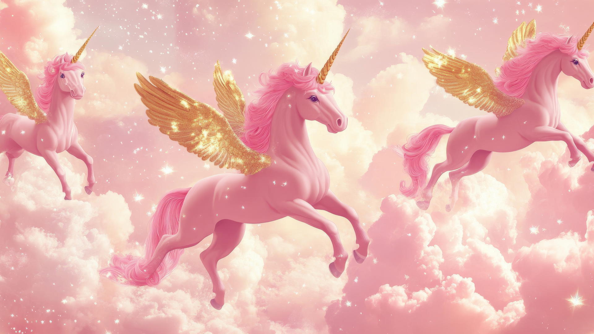 preppy wallpaper pink with whimsical pattern of unicorns, golden wings, and stars