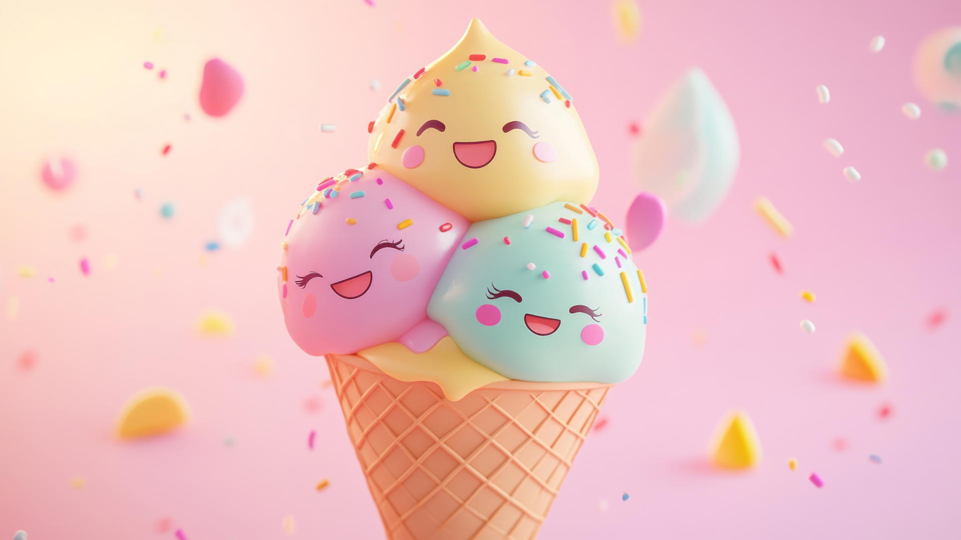 popular cute wallpapers for girls: pastel ice cream cone with kawaii faces on a light pink background