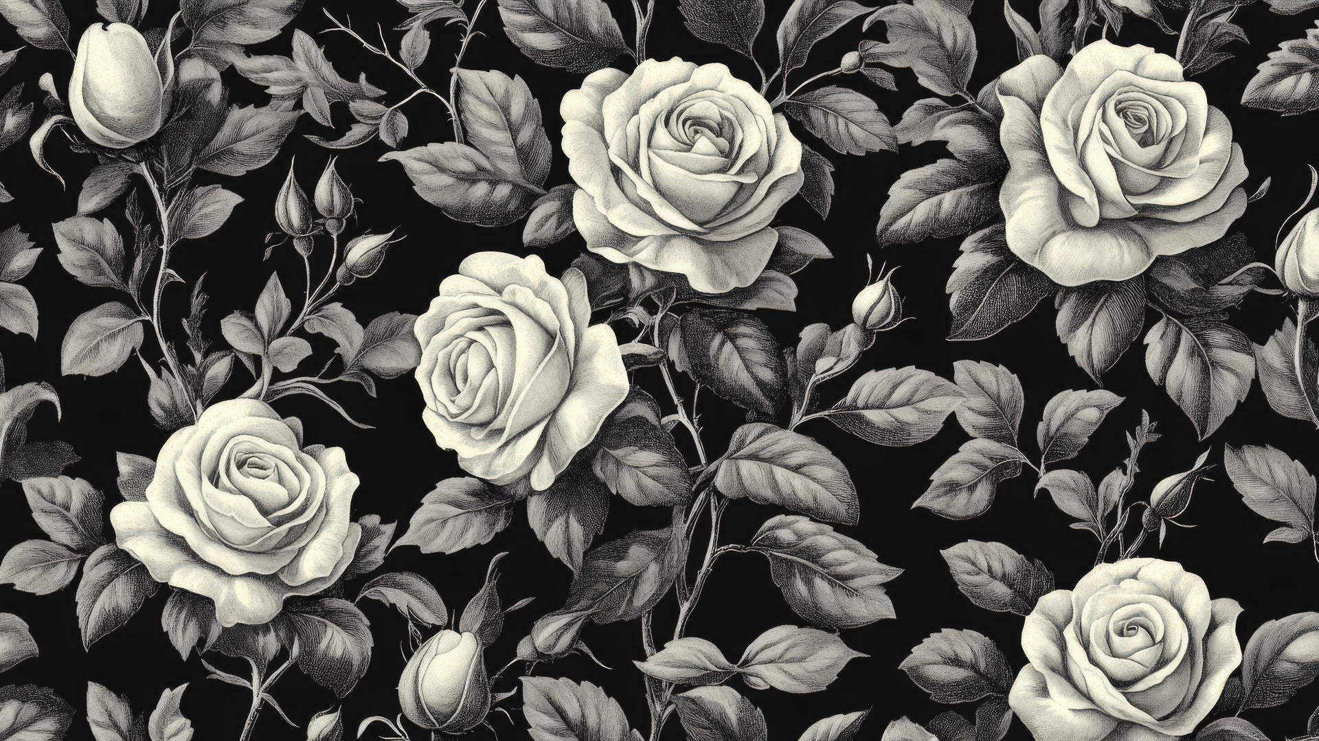 black and white floral wallpaper with roses and vines