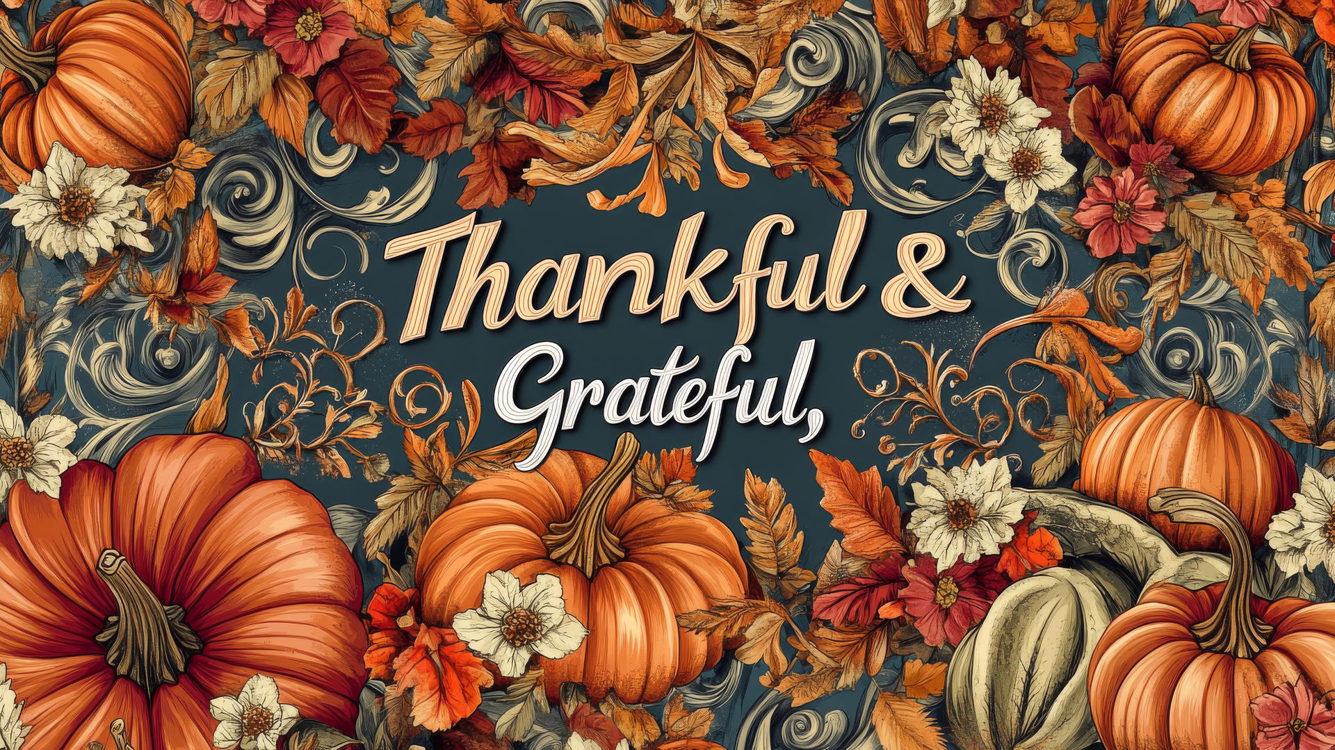 Aesthetic Thanksgiving wallpaper with Art Nouveau vines, flowers, pumpkins, and 'Thankful & Grateful' text