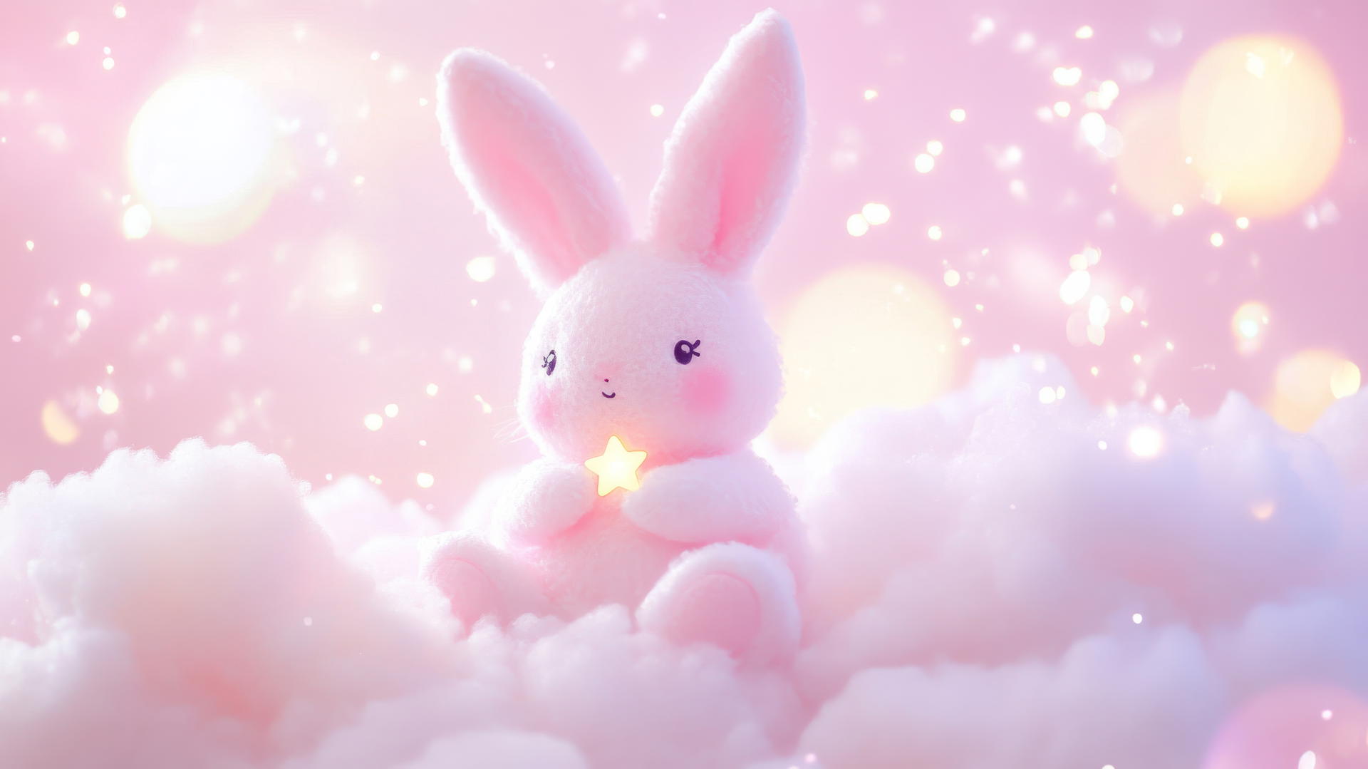 cute pink wallpaper with a kawaii bunny holding a tiny star on a fluffy cloud with sparkles