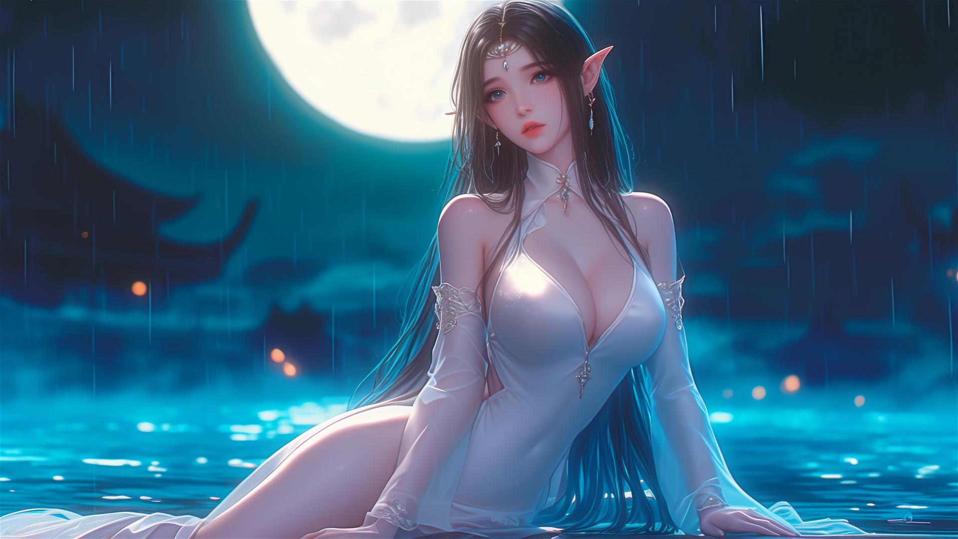 Fantasy Elf girl resting by pool under moonlight in white dress