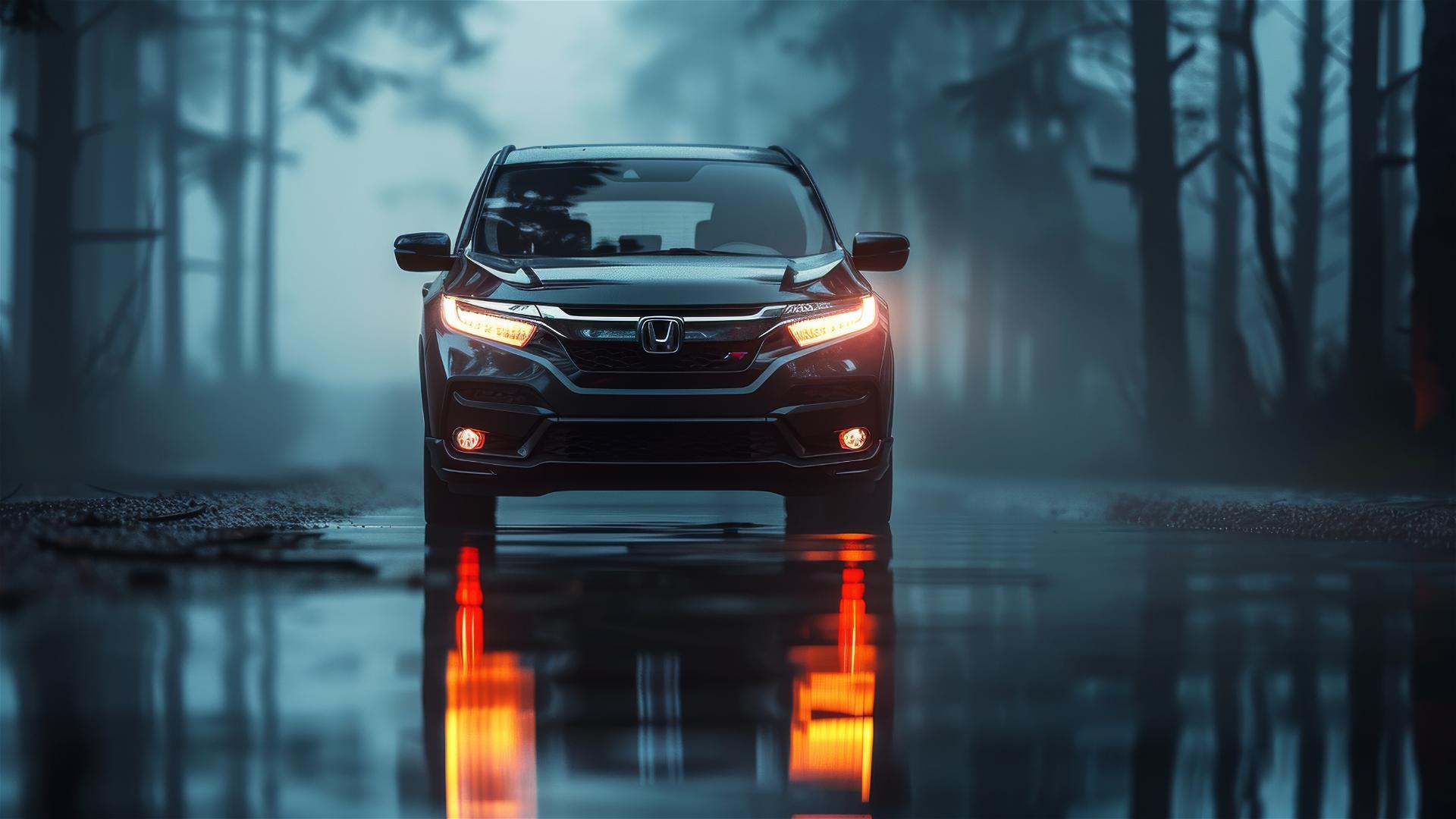 Honda CR-V in dim gothic gloom, 8k photorealistic closeup view with fog