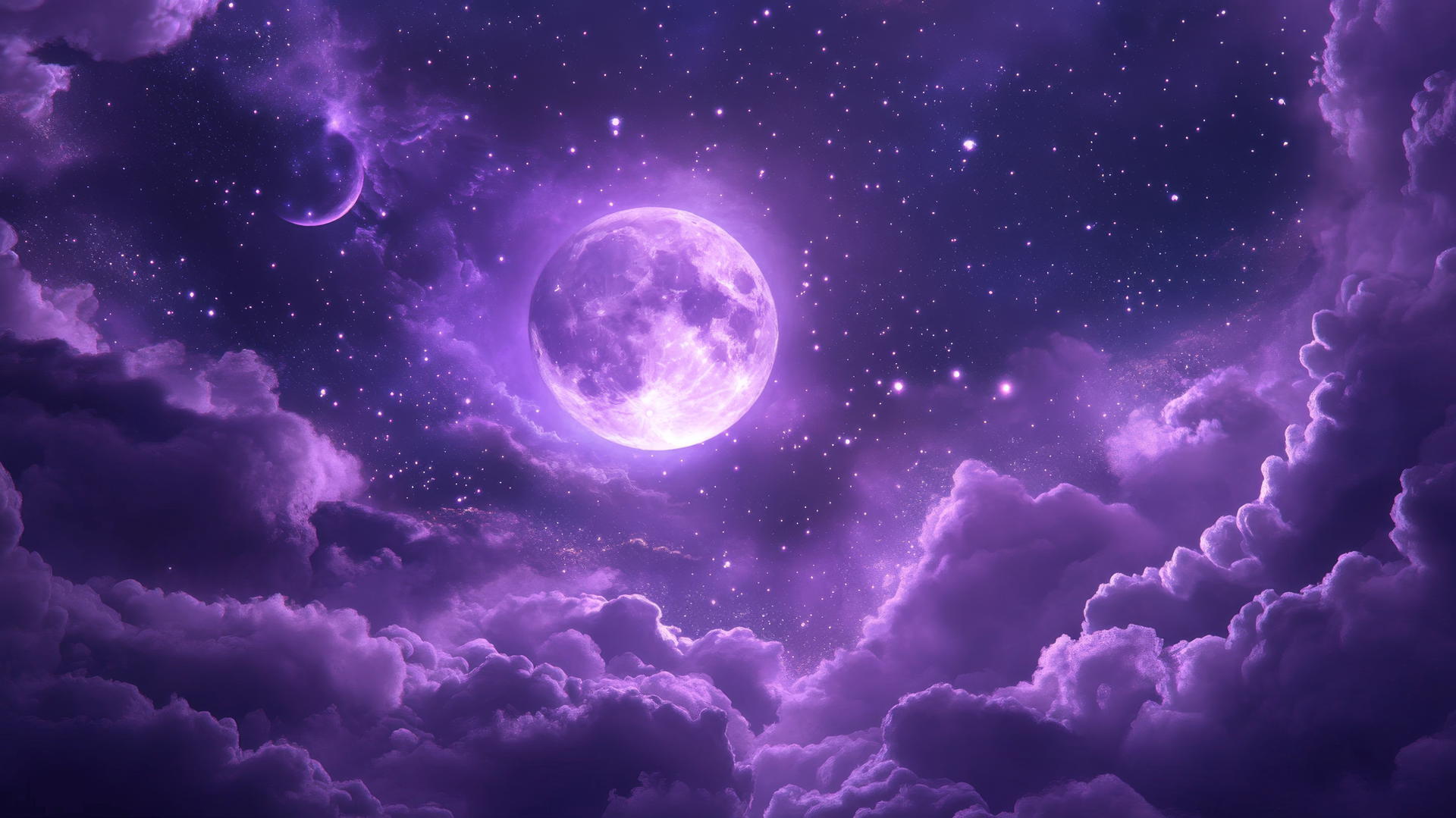 Purple background wallpaper with a glowing moon, stars, and purple clouds