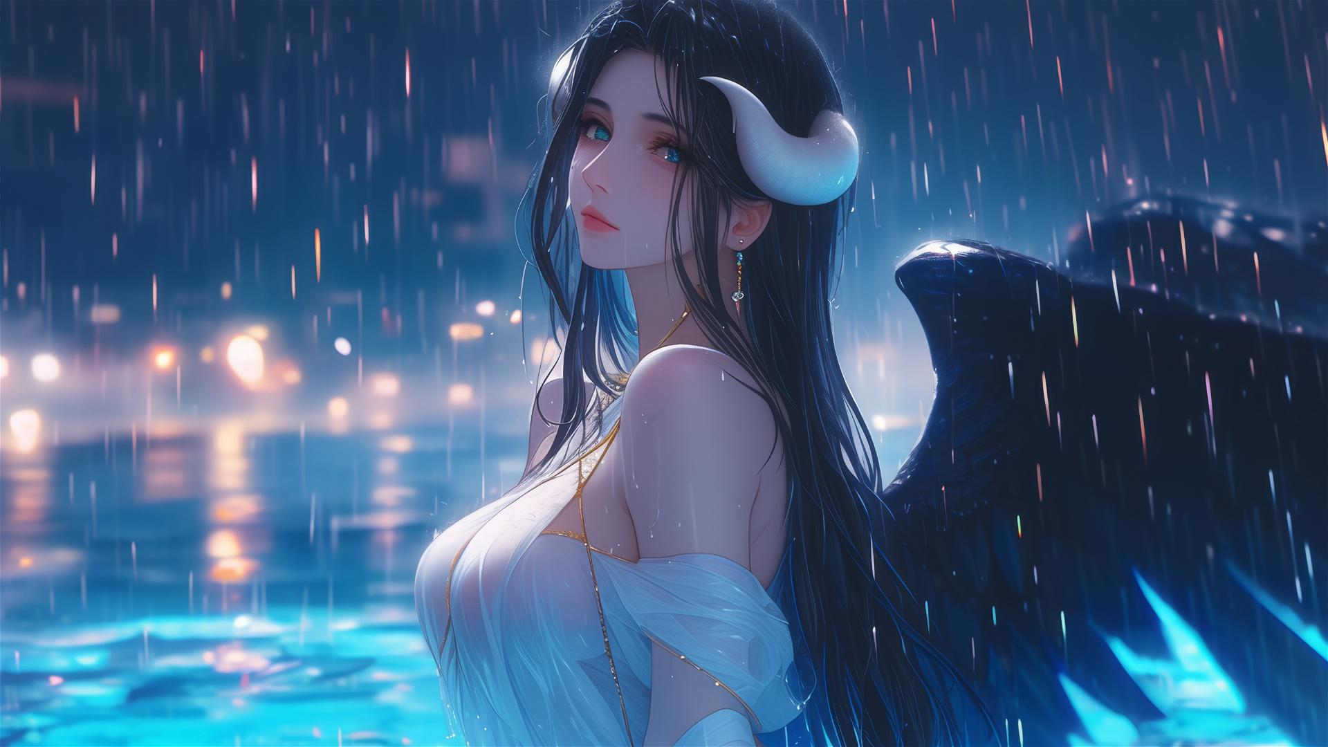 Albedo from Overlord in a rainy swimming pool, moonlight softly glowing on her