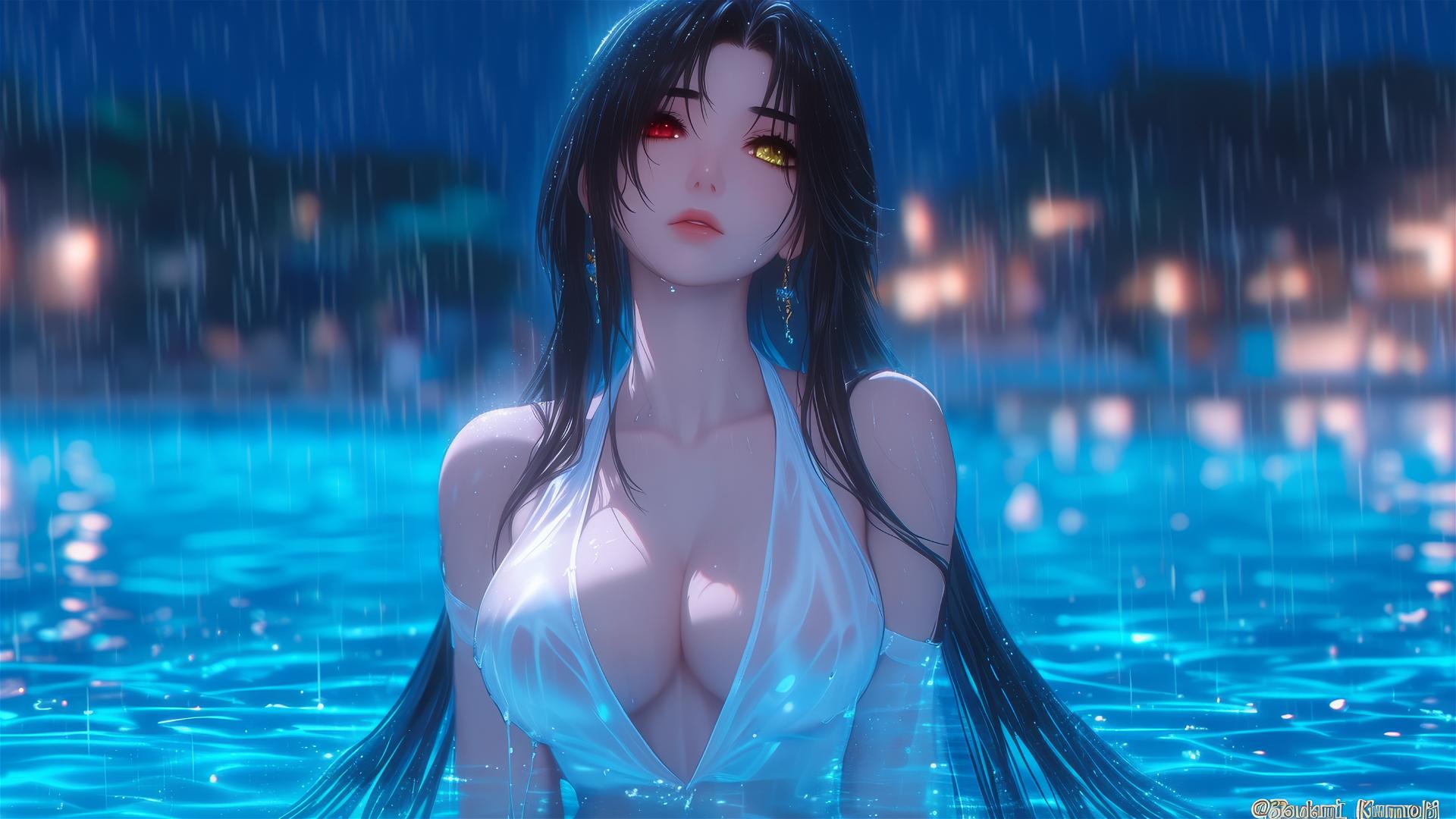 Kurumi Tokisaki from Date A Live standing in a pool under moonlight, rain, with red and yellow eyes
