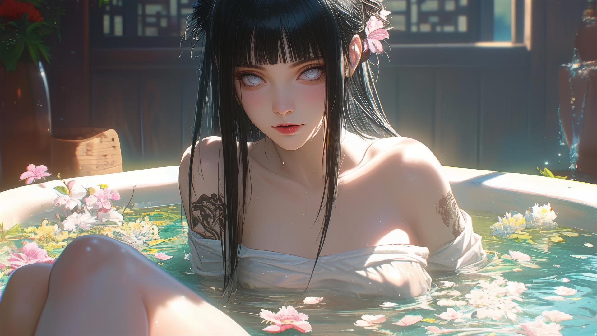 Hinata Hyuga with white eyes in a tub full of flowers in a Chinese spa.