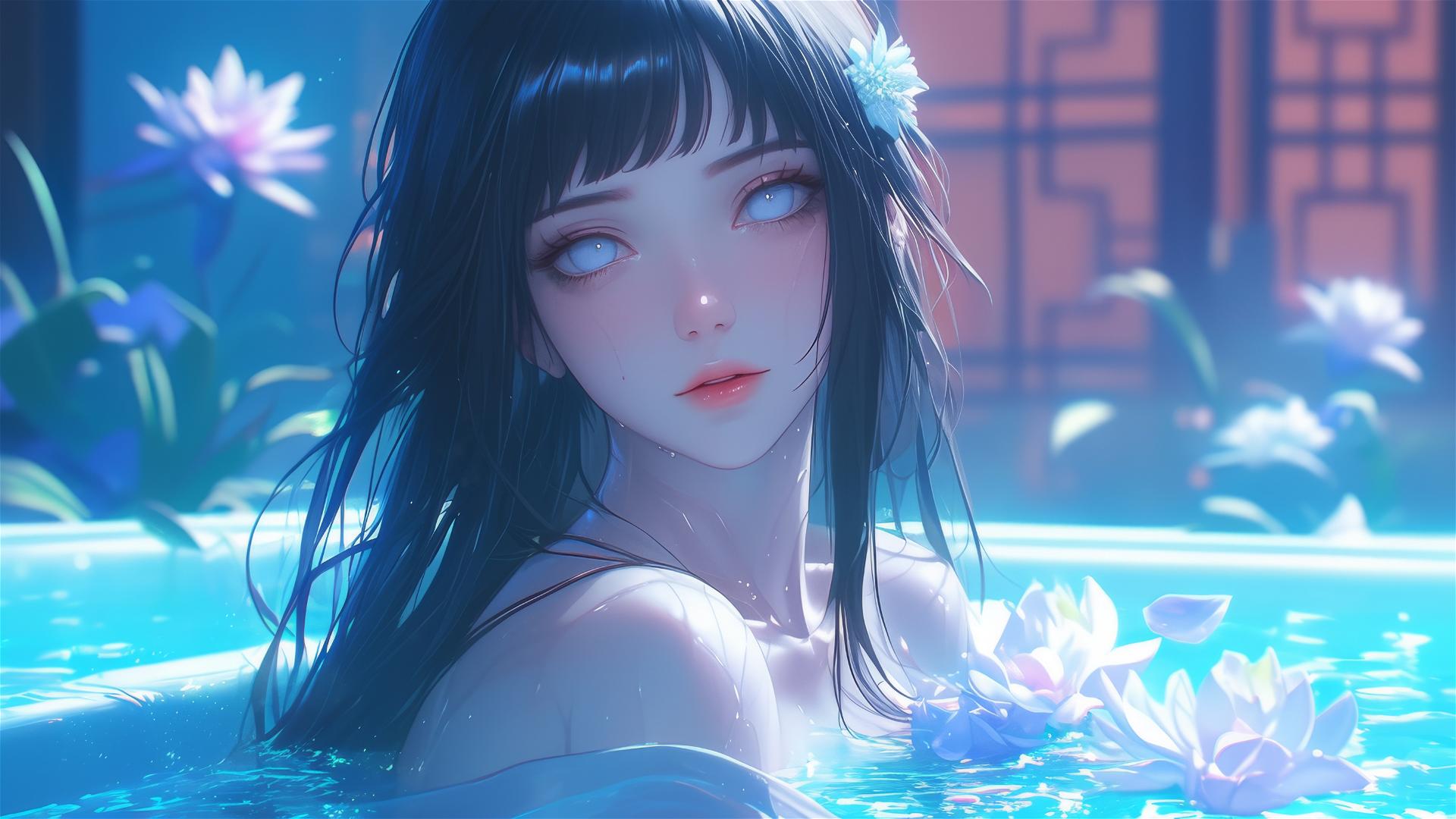 Hinata Hyuga from Naruto in a tub full of flowers, Chinese spa, white eyes
