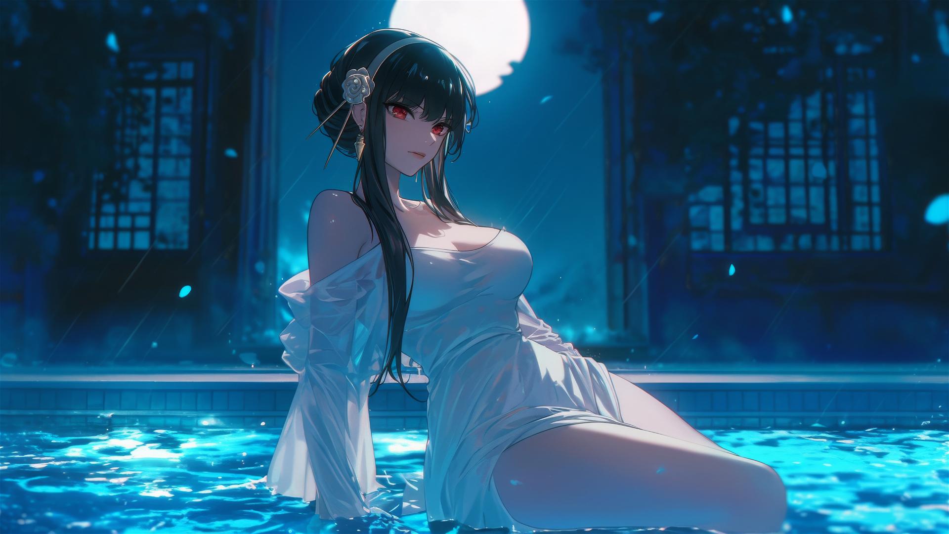 Yor Forger in white dress resting at rainy pool with moonlight