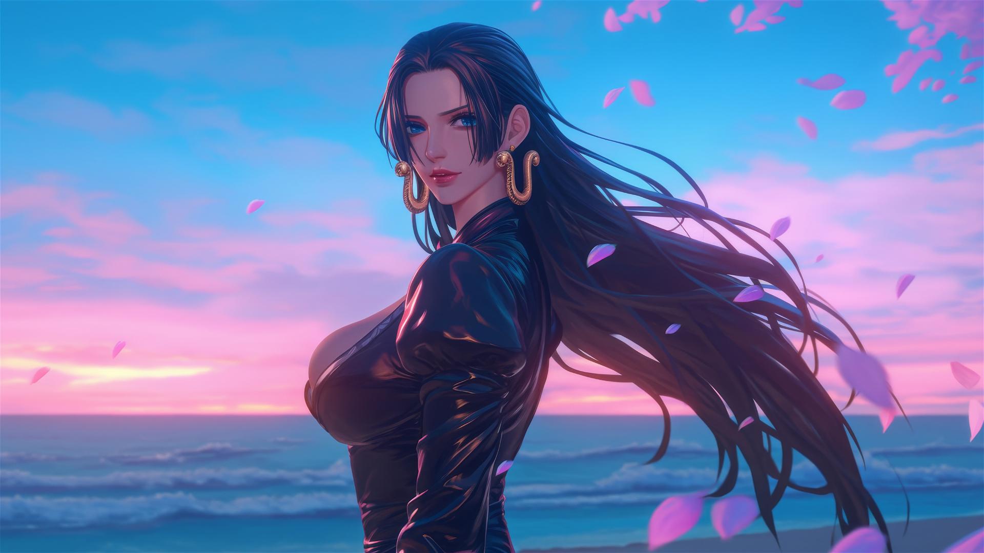 Boa Hancock from One Piece walking confidently on a beach at sunset in a black and pink leather outfit