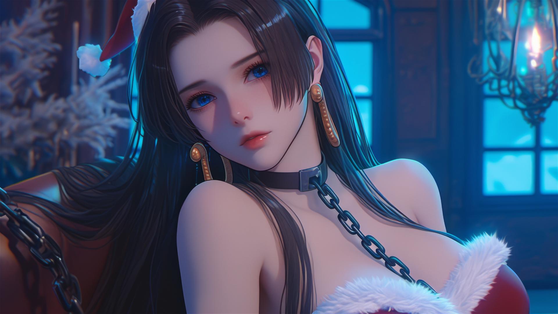Boa Hancock in a Christmas costume with neon lights in a hotel room