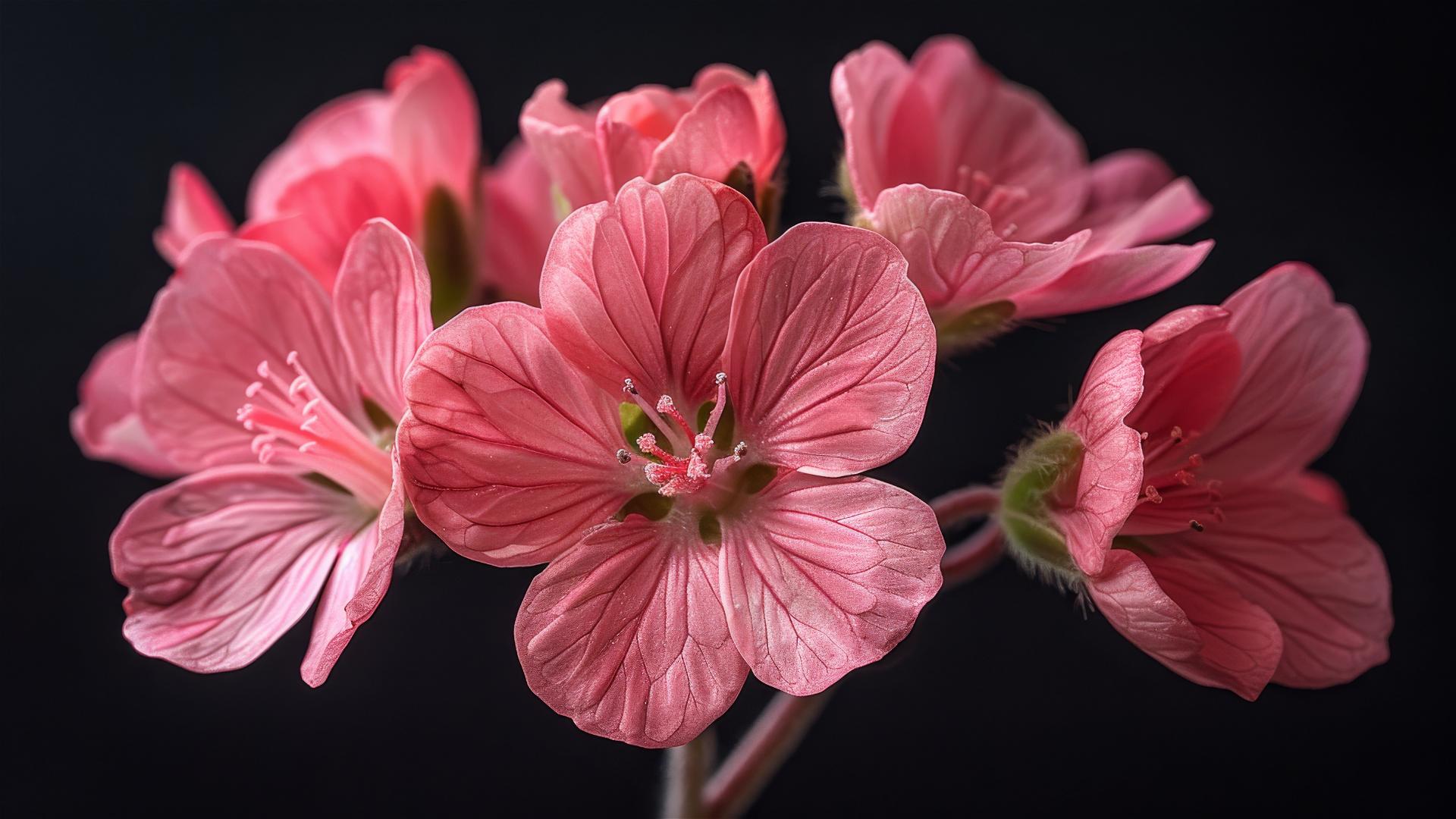 Pink wildflower with six petals against black background, in full bloom