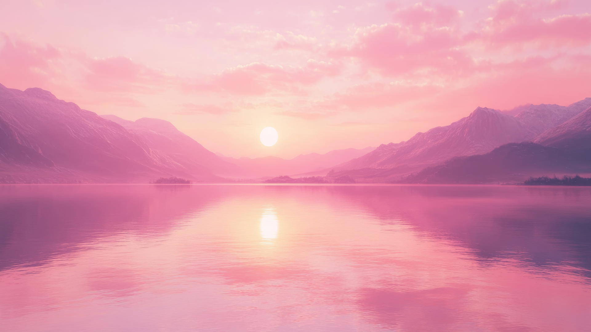 peaceful pink sunset over a calm lake with mountains, pink wallpaper aesthetic
