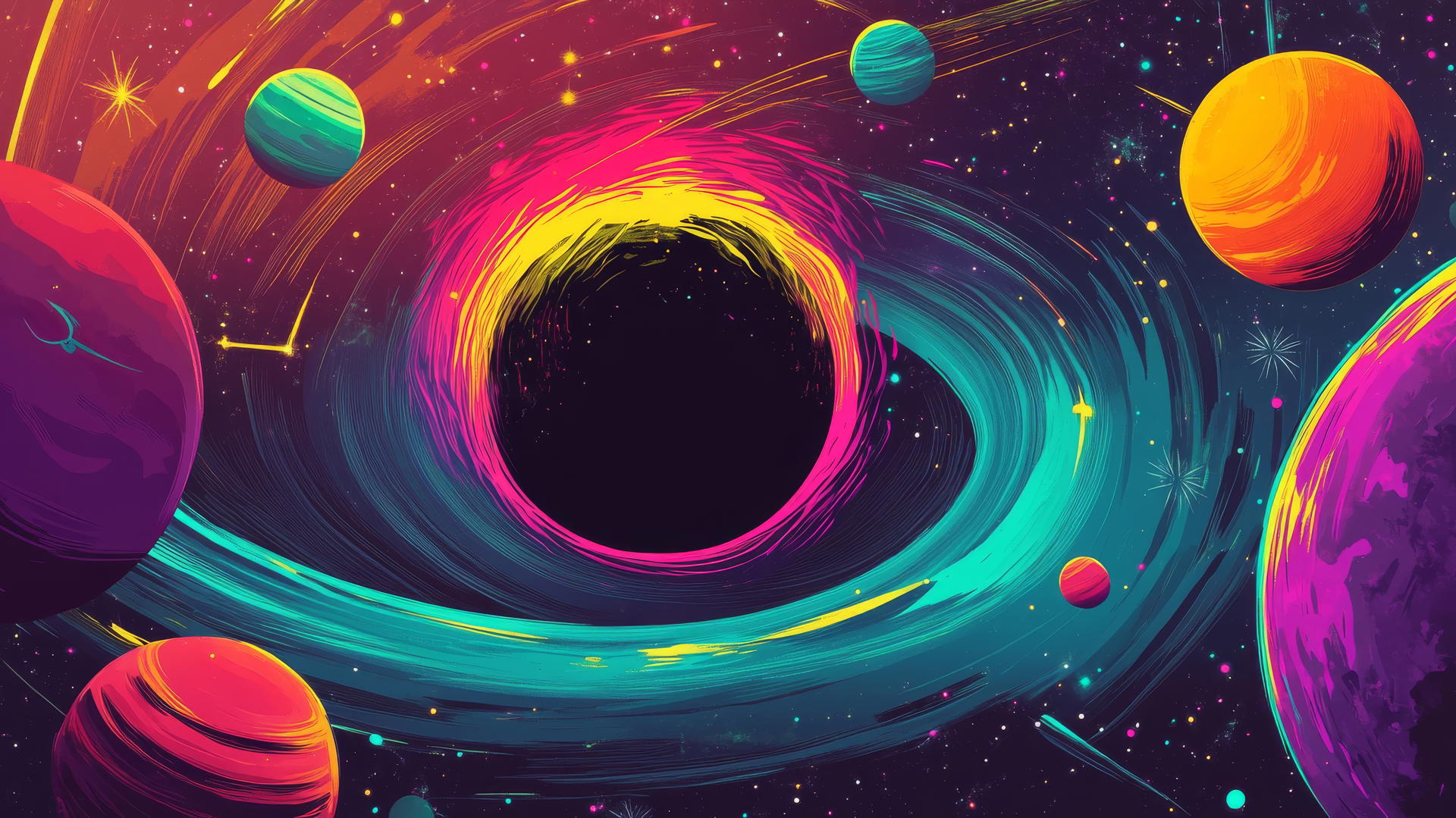 a retro black hole wallpaper with neon planets and stars