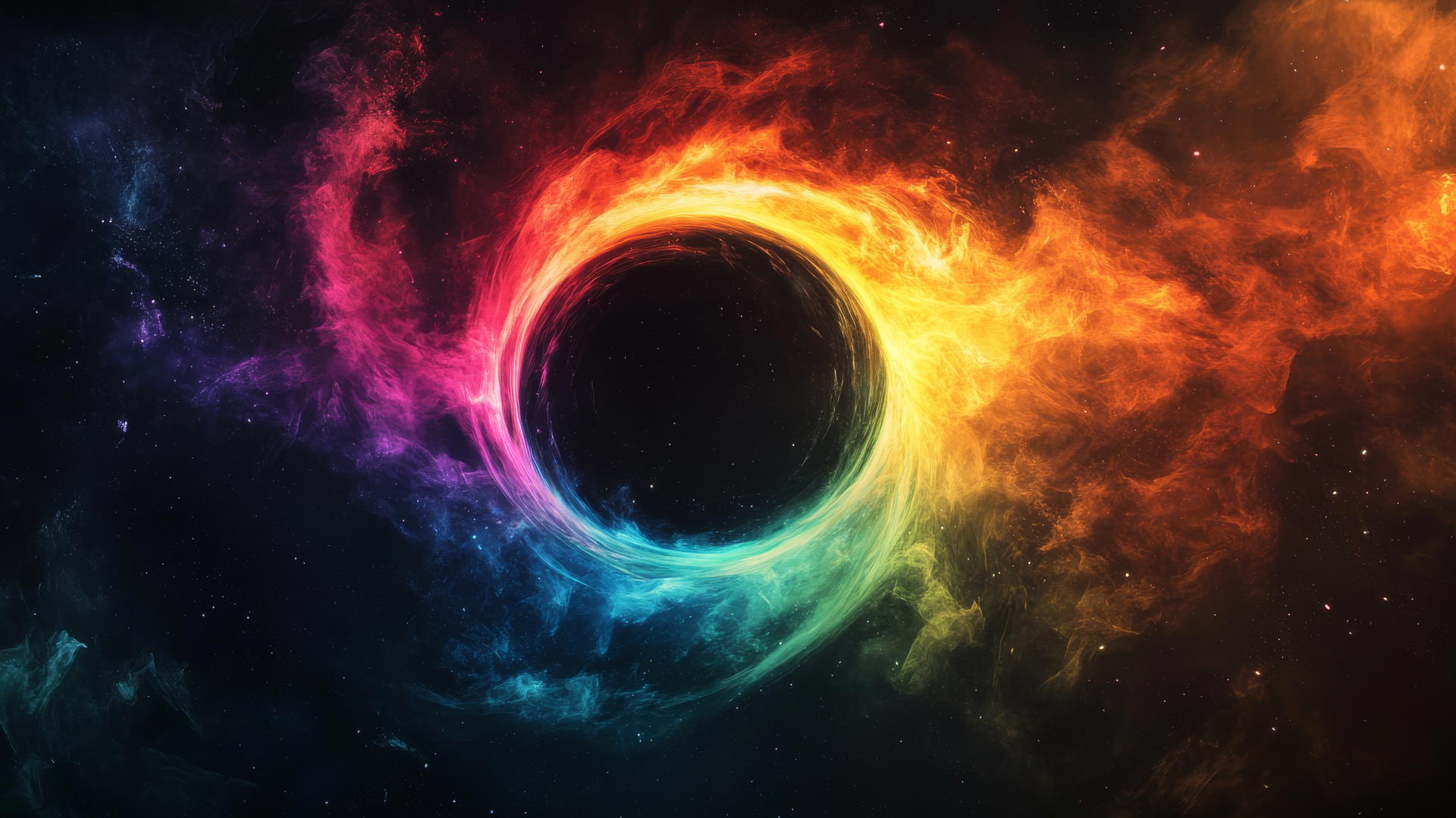 black hole wallpaper with rainbow light against dark space backdrop