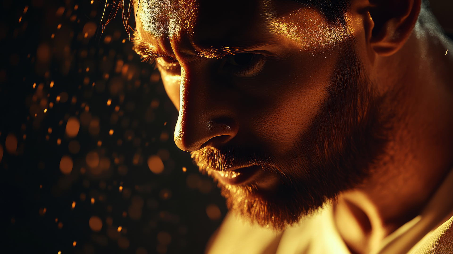 Close-up portrait of Lionel Messi with half his face in golden light, messi wallpaper 4k