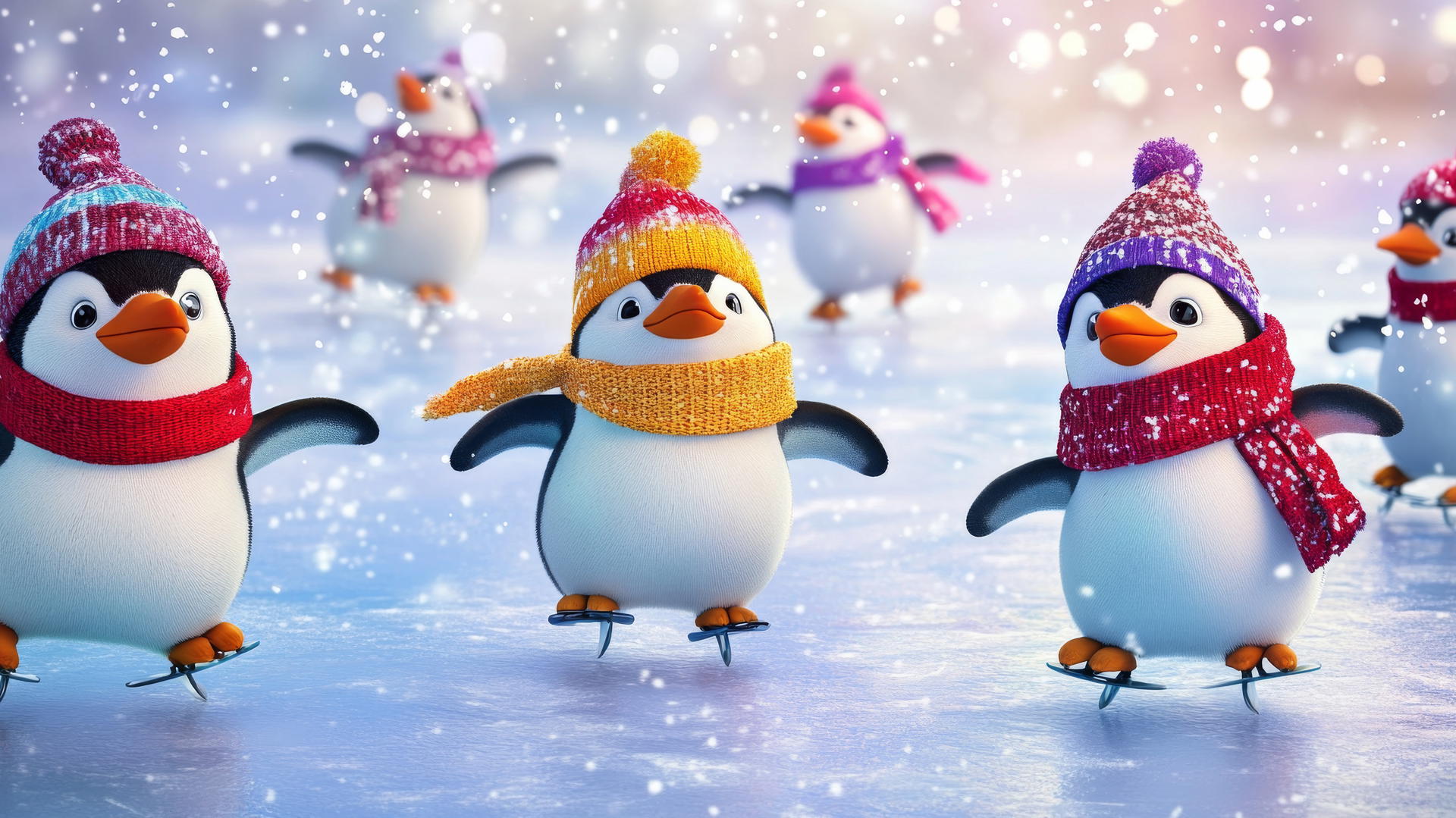 cute winter wallpaper of penguins ice skating on a frozen pond wearing bright hats and scarves