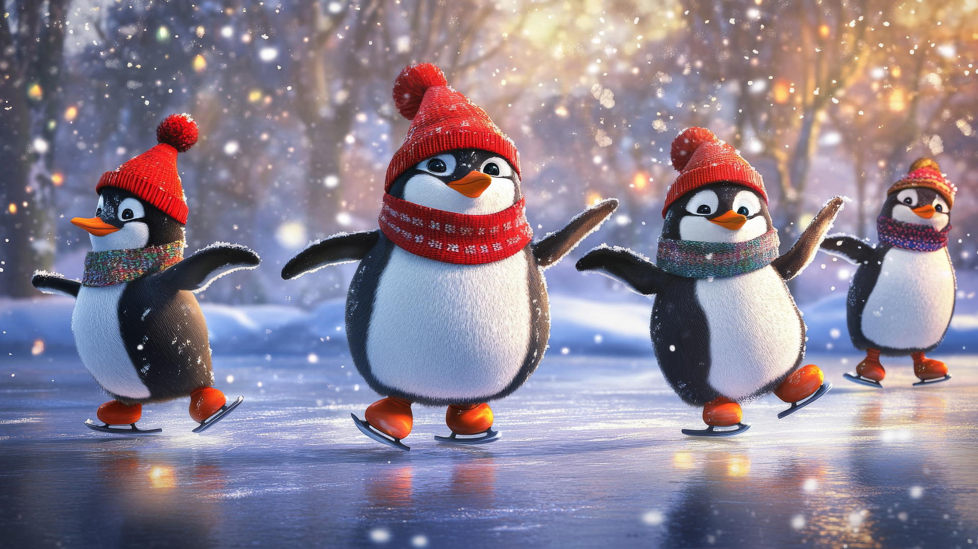 cute winter wallpaper with penguins ice skating wearing bright hats and scarves