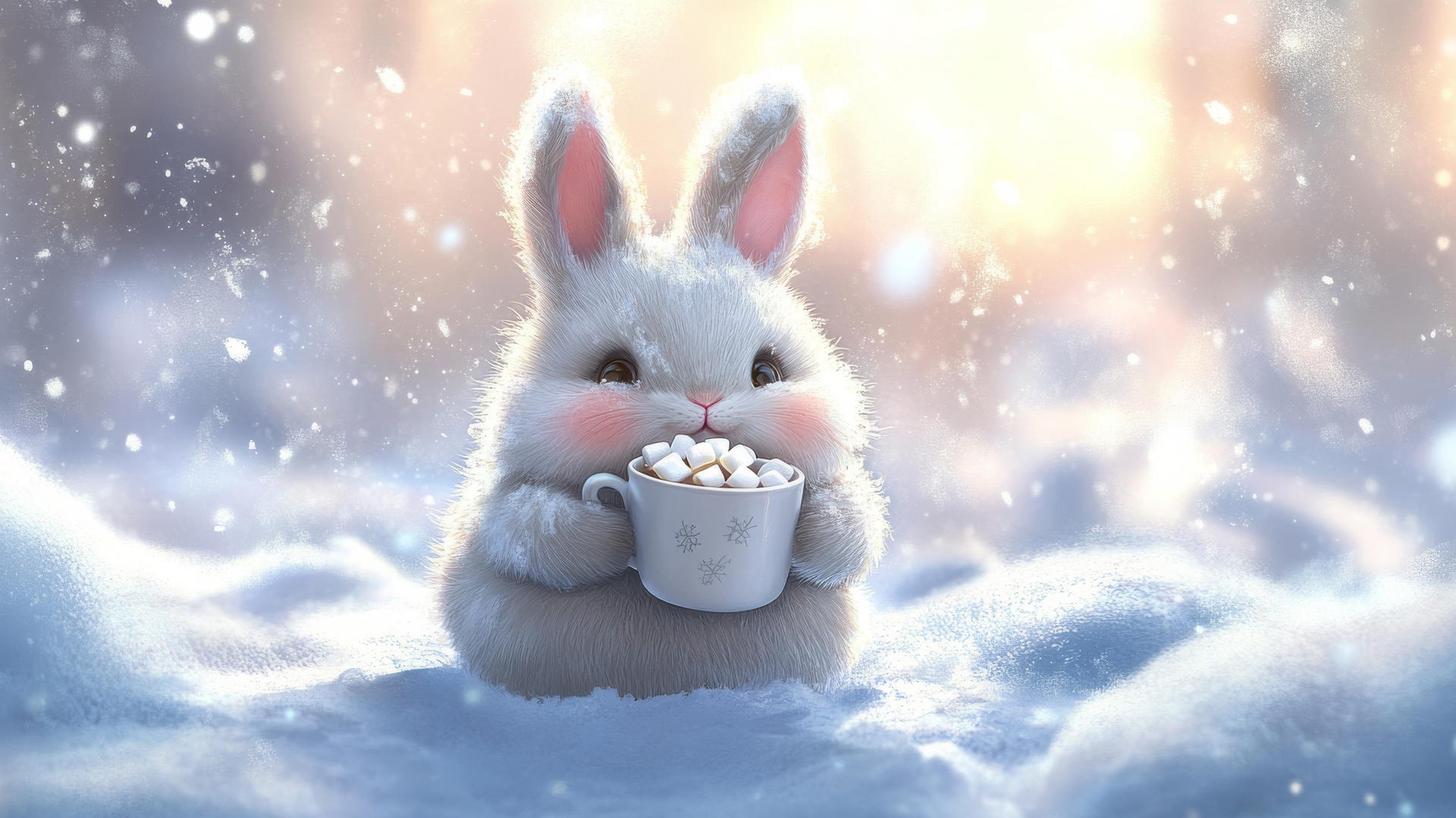 cute winter wallpaper with a chubby bunny holding cocoa