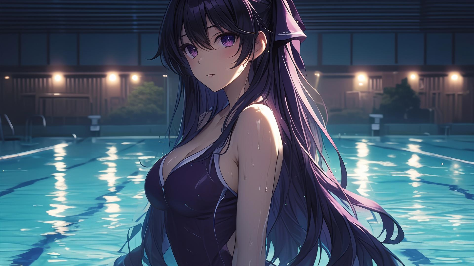 Tohka Yatogami from Date A Live standing in a pool under moonlight