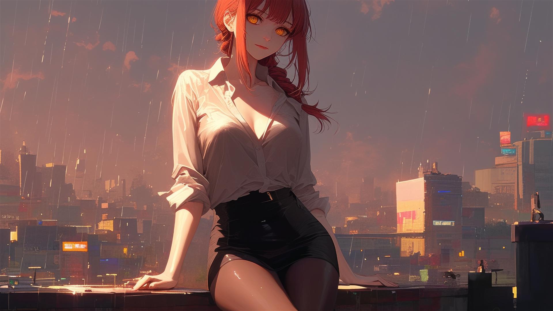 Makima from Chainsaw Man on rooftop in rain, moonlit, red hair and heels, bunny girl style