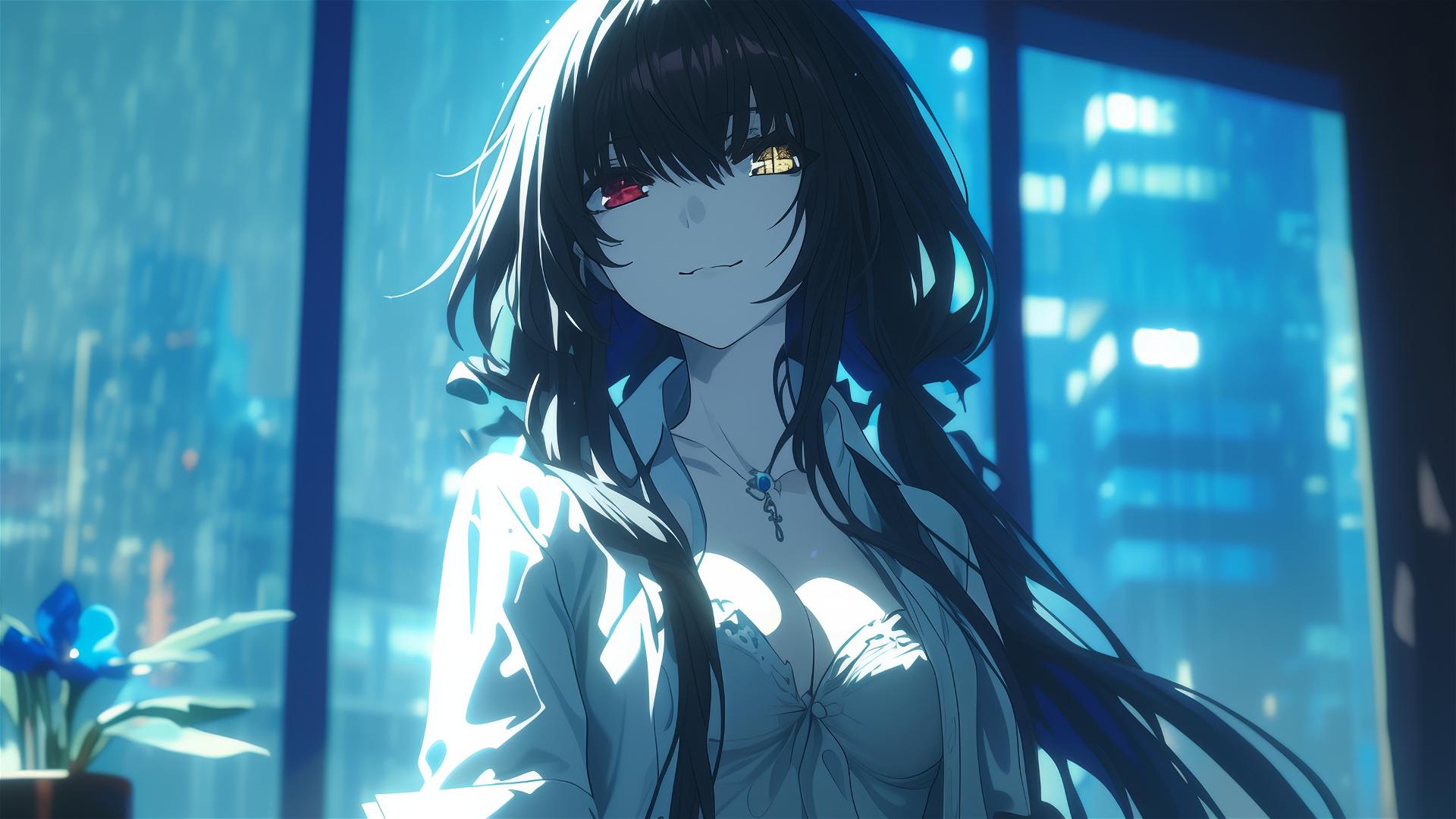 Kurumi Tokisaki from Date A Live in apartment with moonlight on her, white dress, red right eye, yellow left eye.