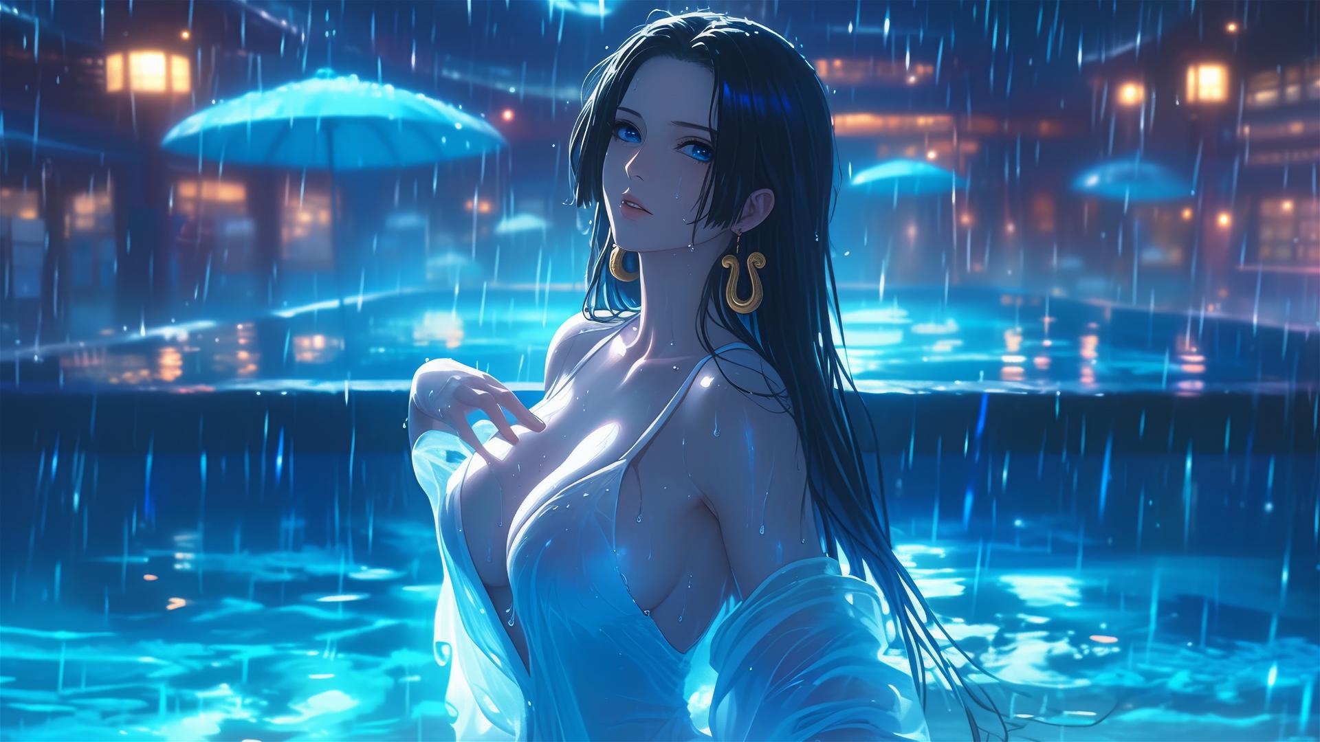 Boa Hancock in a rain-filled pool with moonlight glow