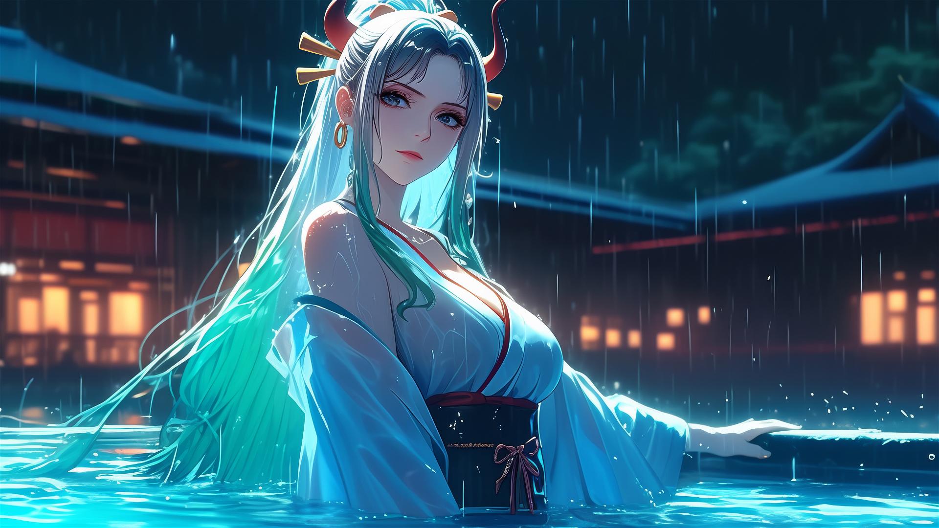 Yamato from One Piece standing in rainy pool with moonlight glow