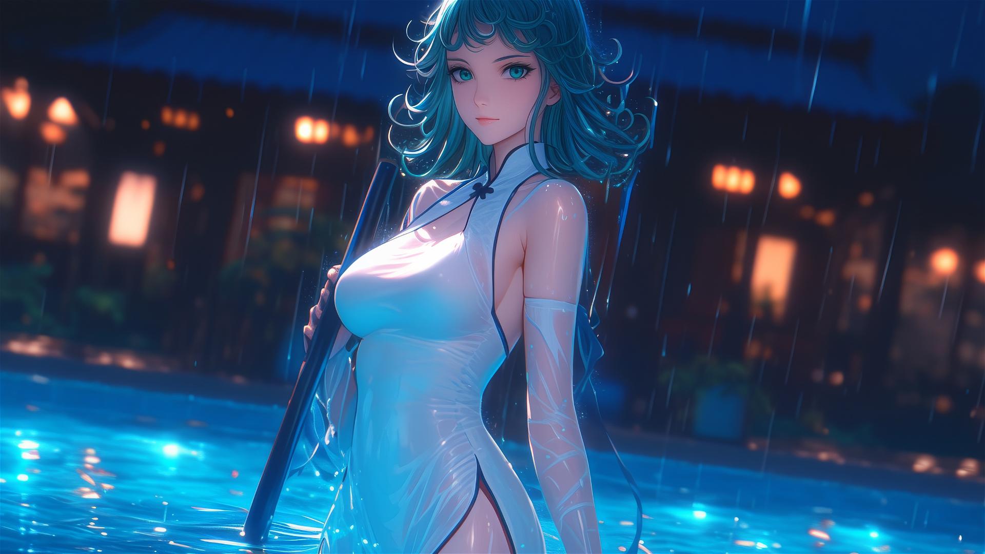 Tatsumaki in a pool under moonlight, white dress, rainy ambiance