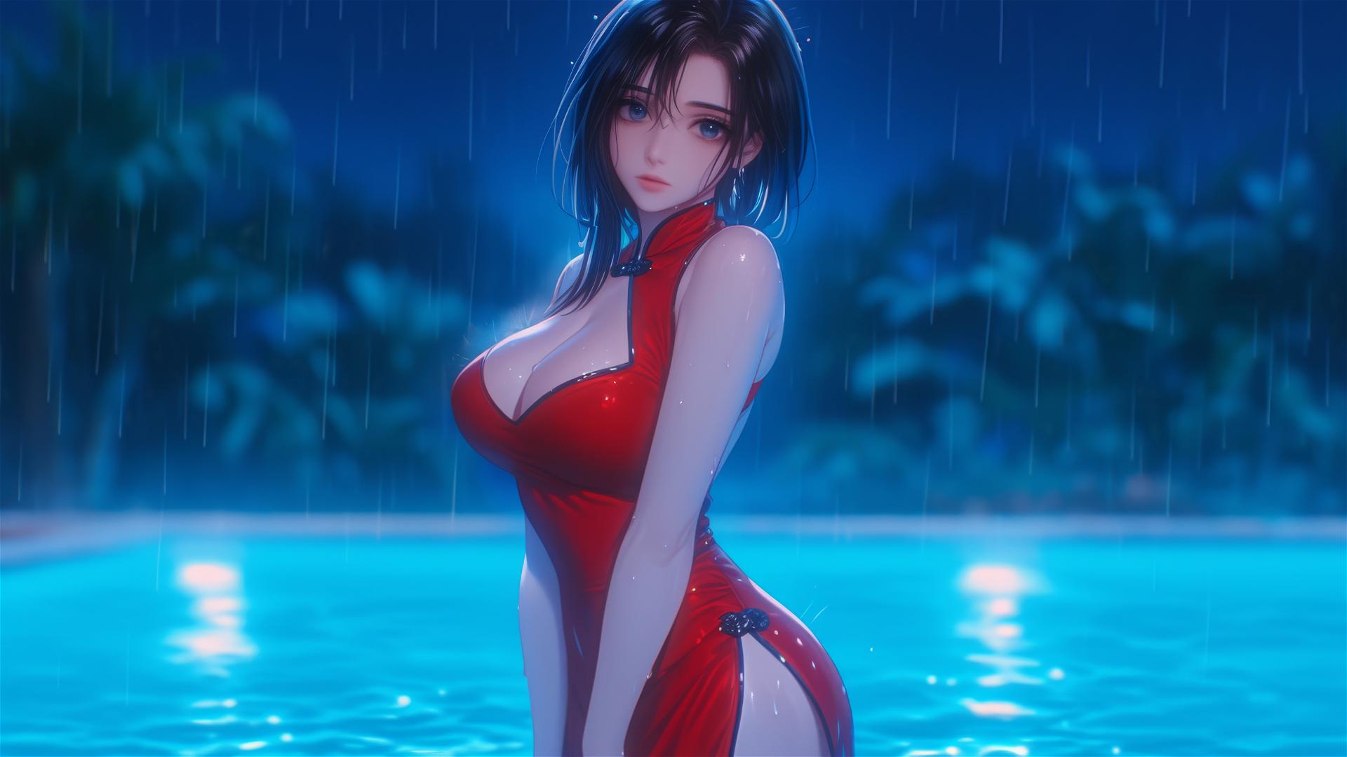 Mikasa Ackerman in red dress standing in pool with moonlight during rain