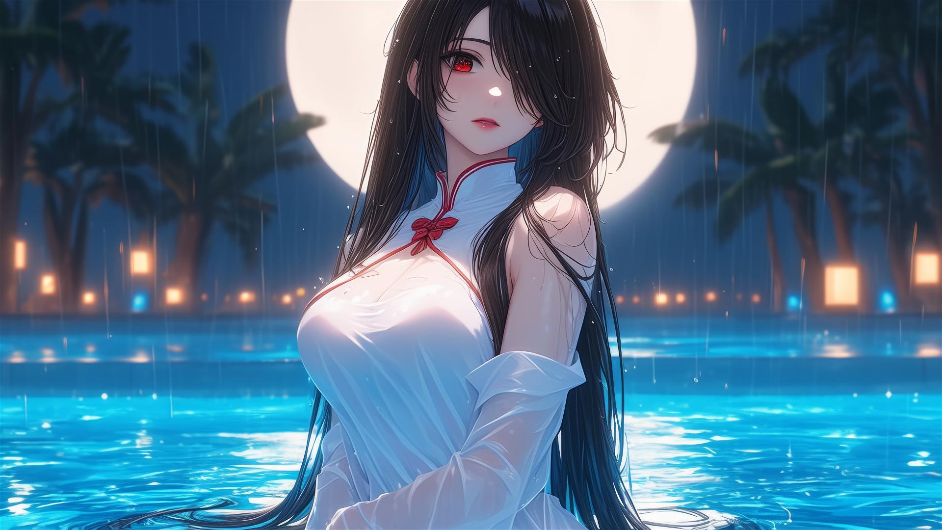Kurumi Tokisaki from Date A Live standing in a pool under moonlight