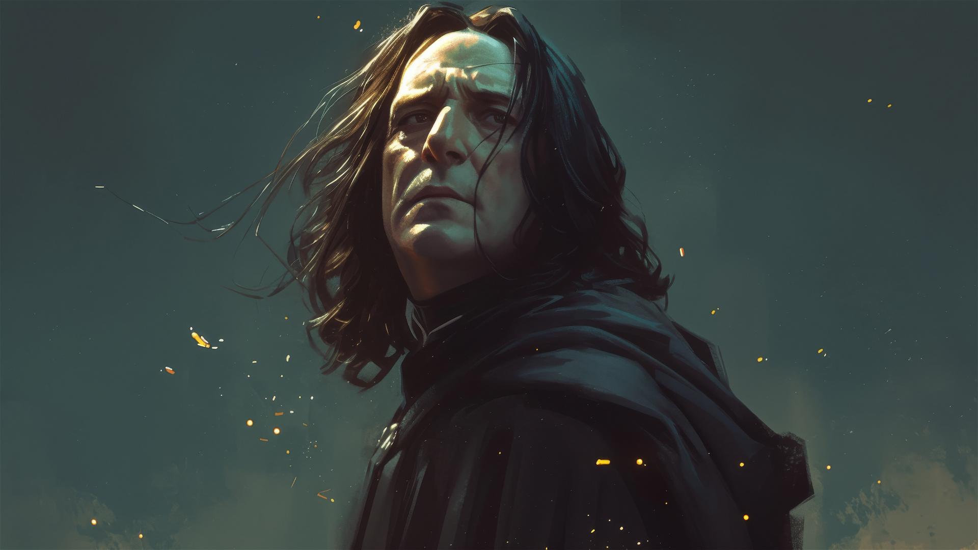 Artistic illustration of Severus Snape with a dark background and spotlight effect