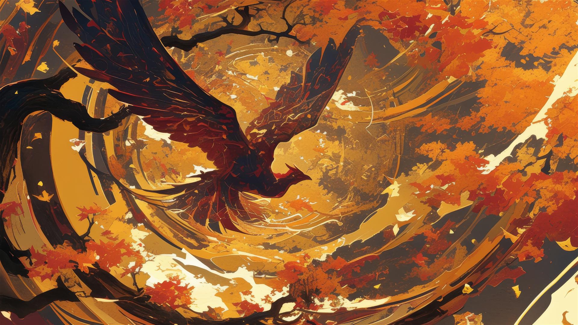 Ash forest with leaves in fiery red and gold hues resembling a phoenix in autumn.