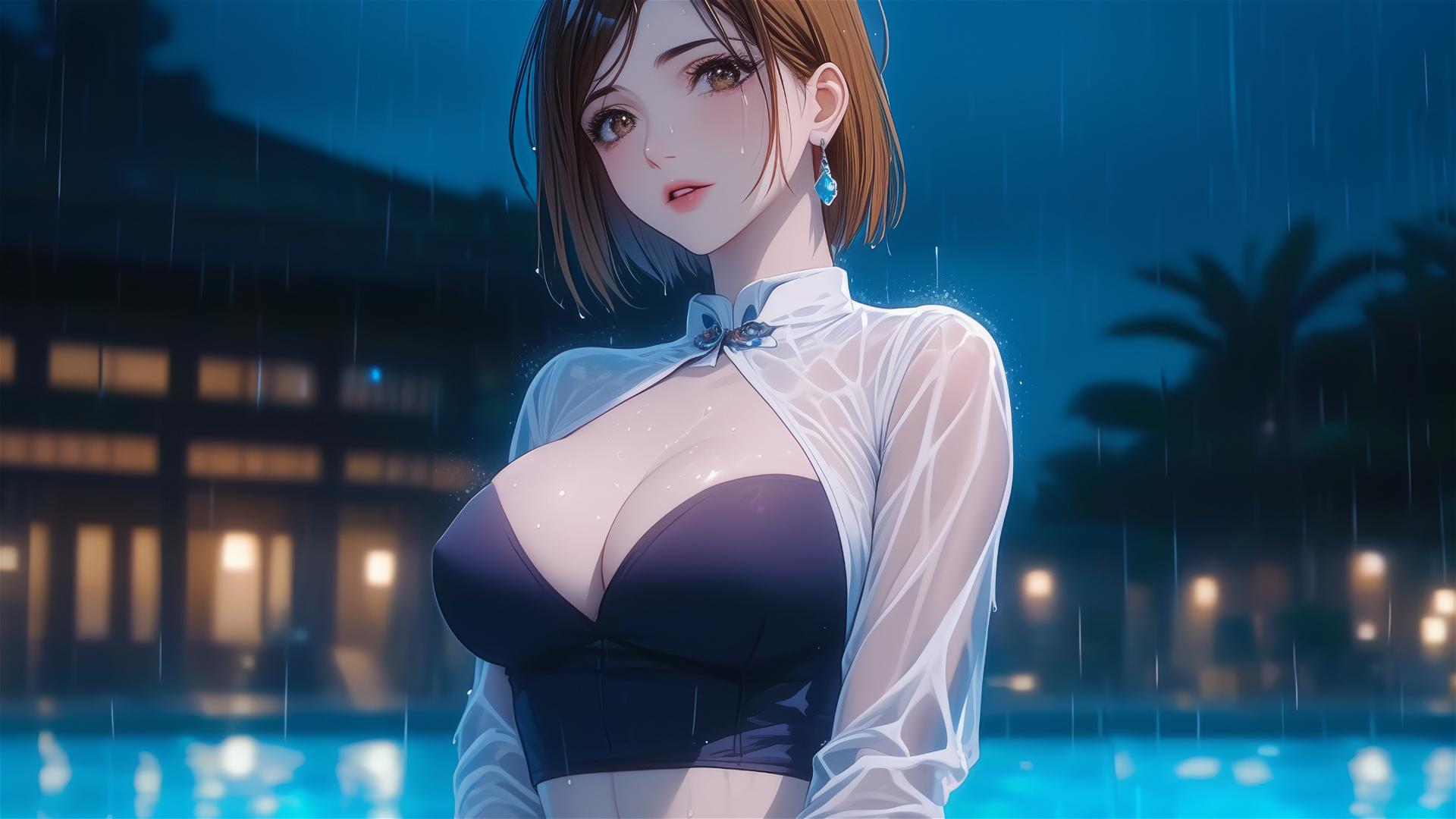 Nobara Kugisaki resting by pool under moonlight in pink dress and brown hair