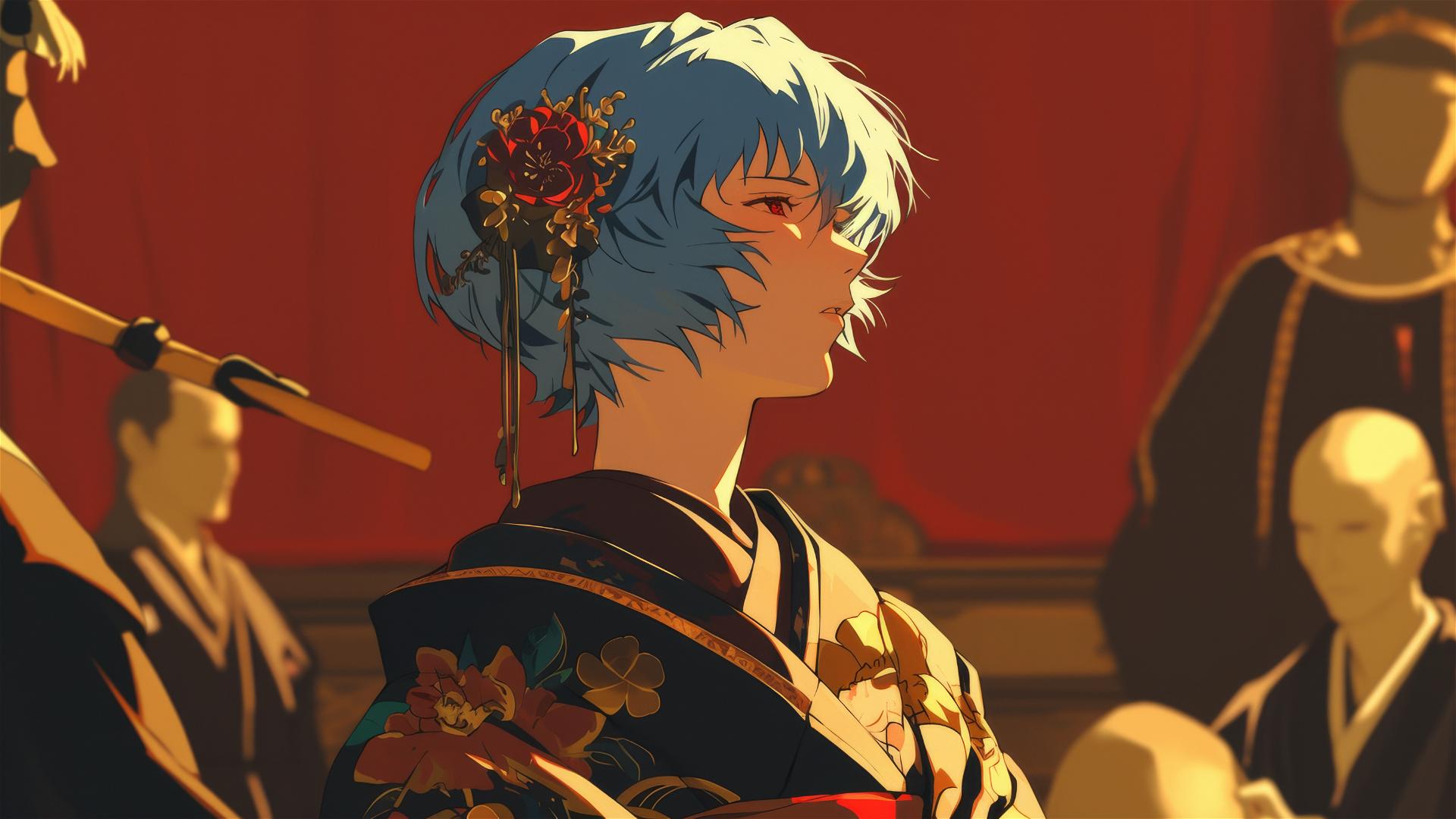 Rei Ayanami in opera gown at Japanese Noh performance