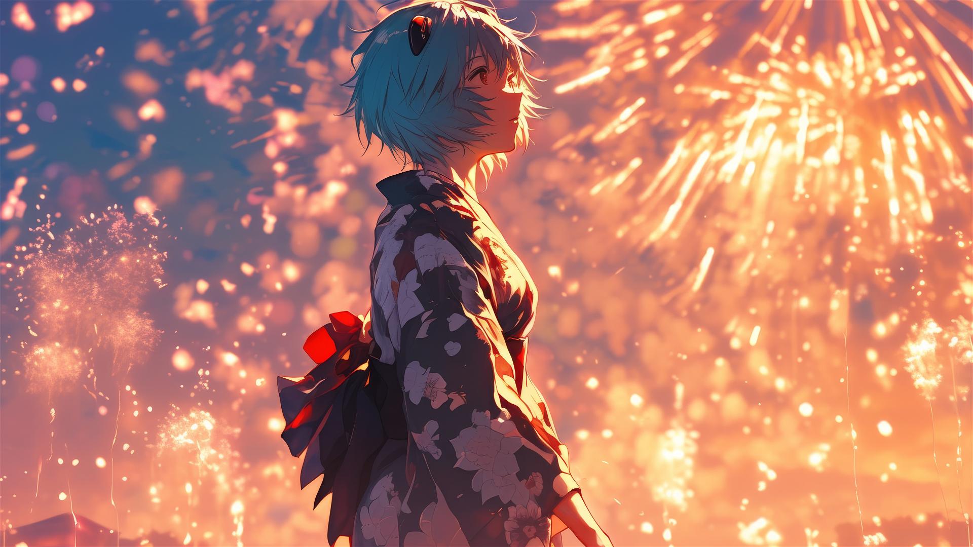 Rei Ayanami in modern yukata, watching fireworks