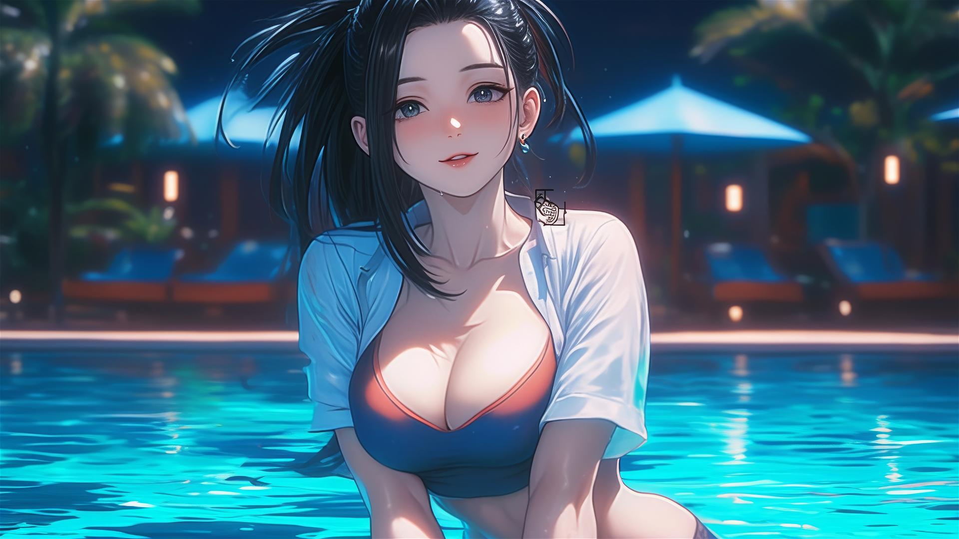 Momo Yaoyorozu resting by pool under moonlight