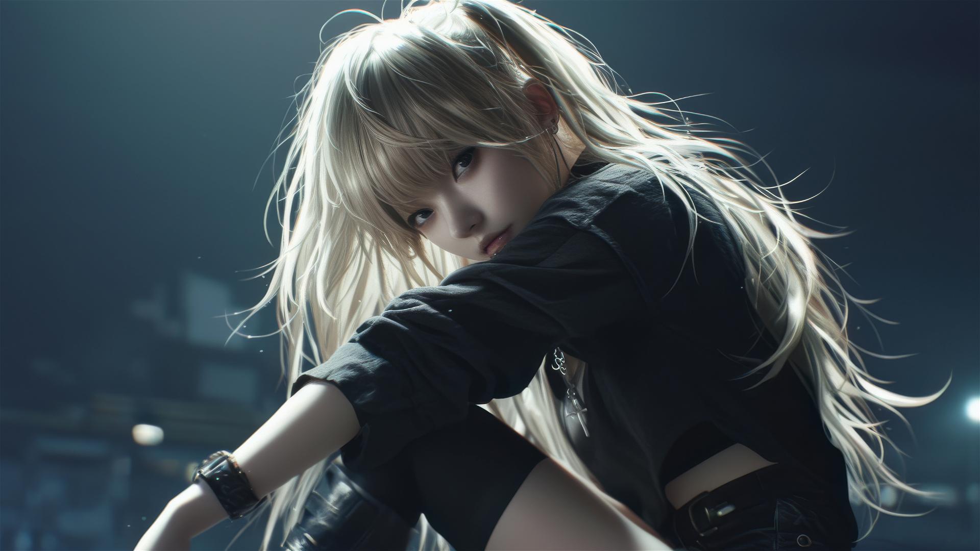 Isolated Misa Amane from Death Note on dark background with spotlight and dynamic pose