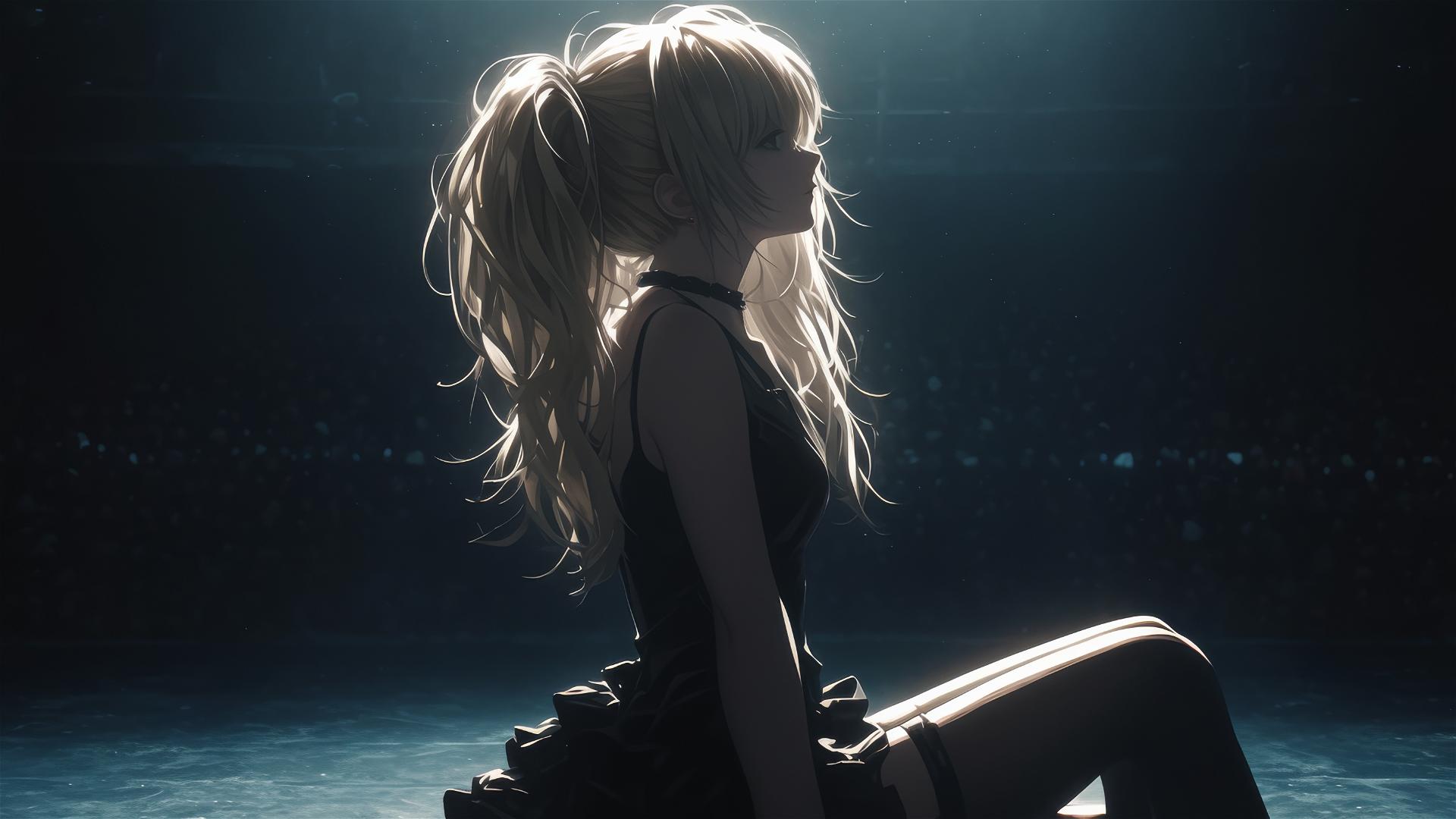 Misa Amane from Death Note, beautiful thigh-focused shot with dark background and spotlight effect