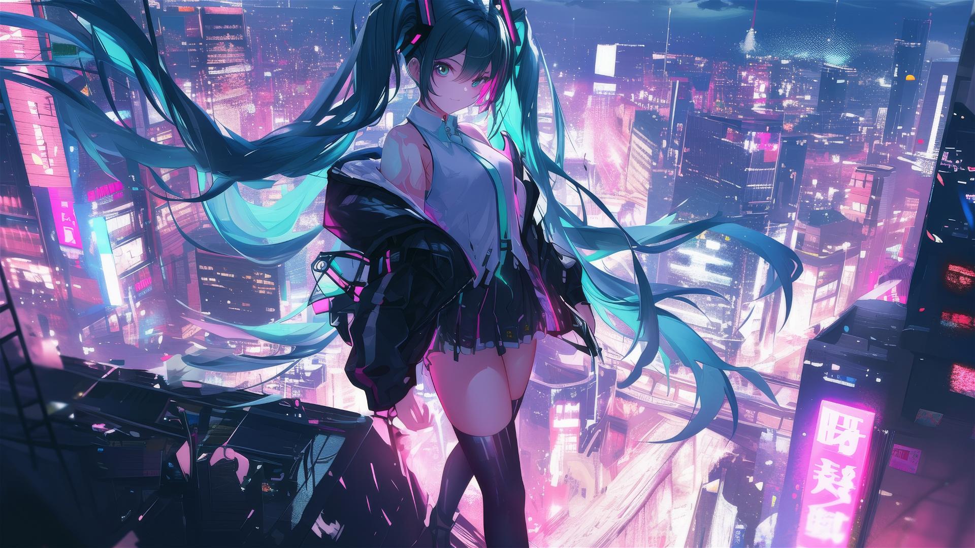 Hatsune Miku in neon cyberpunk attire on city rooftop at dusk