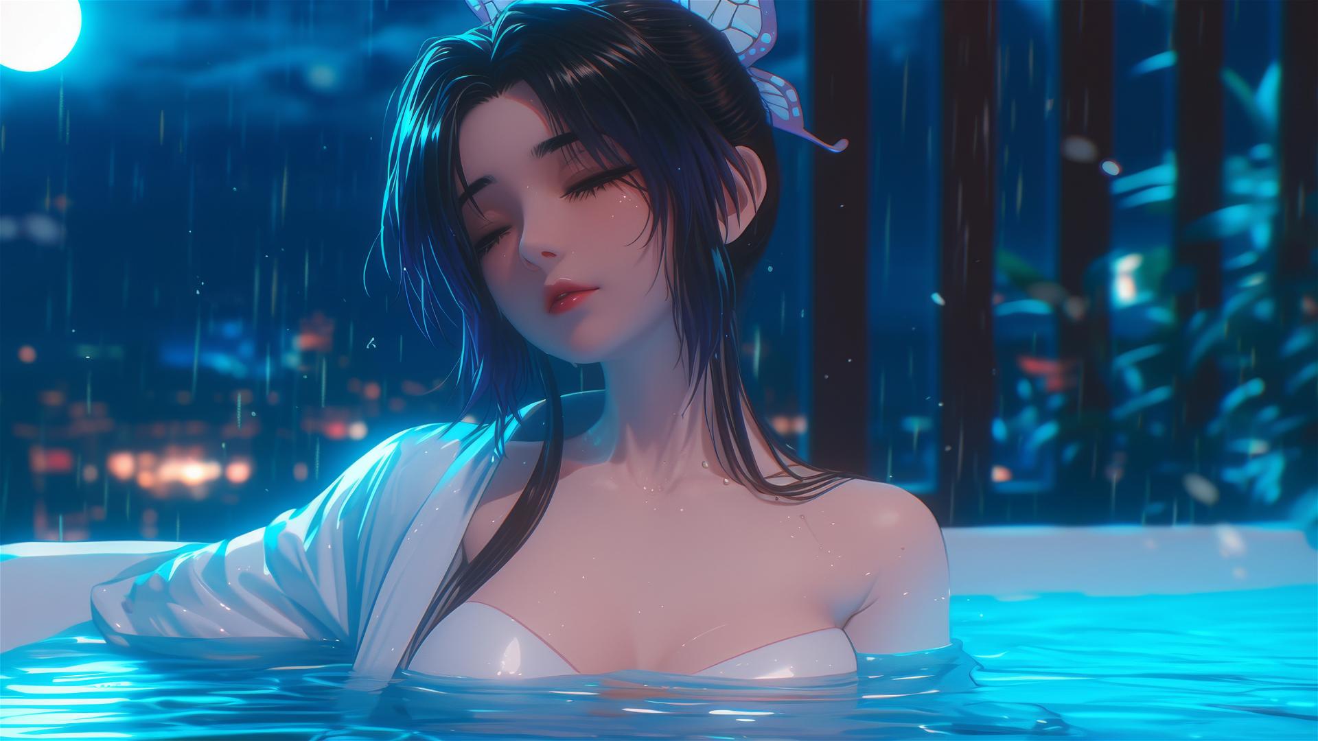 Shinobu Kocho from Demon Slayer relaxing in a tub under moonlight
