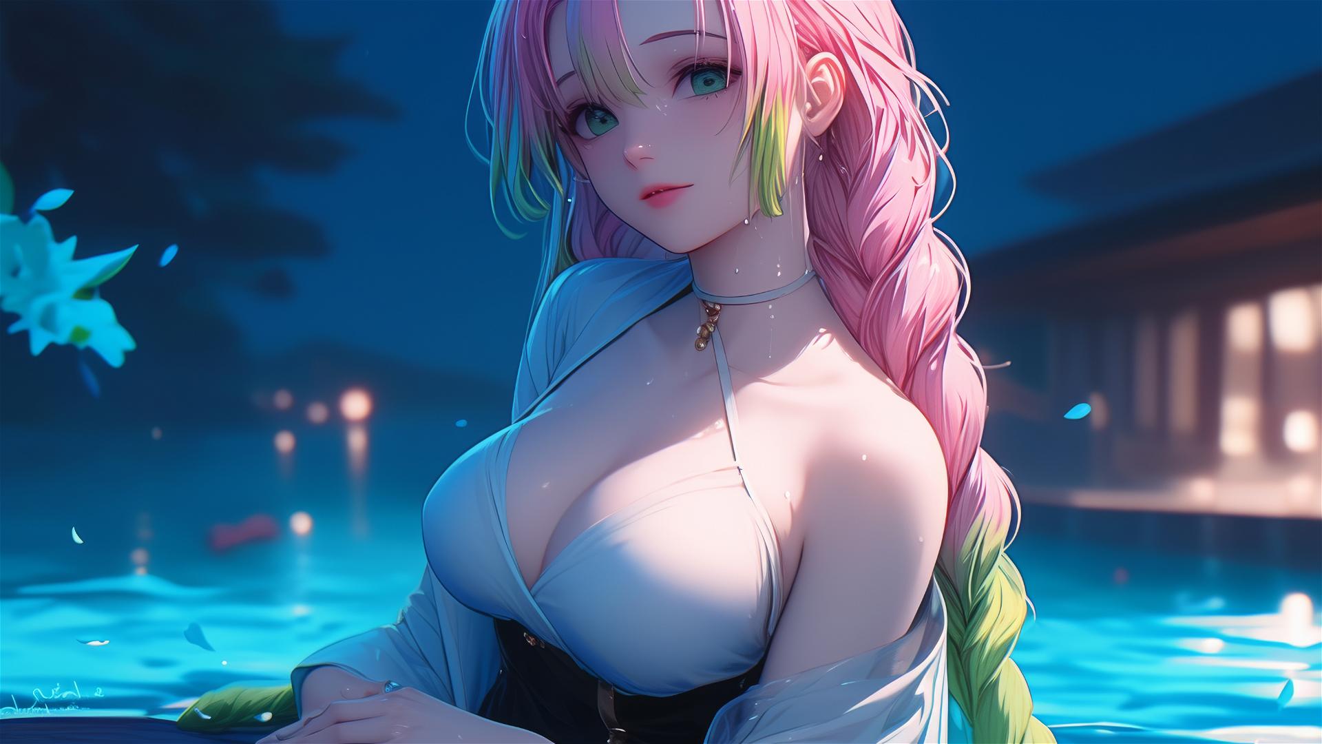 Mitsuri Kanroji reclining in tub, moonlight glowing on pink-green hair