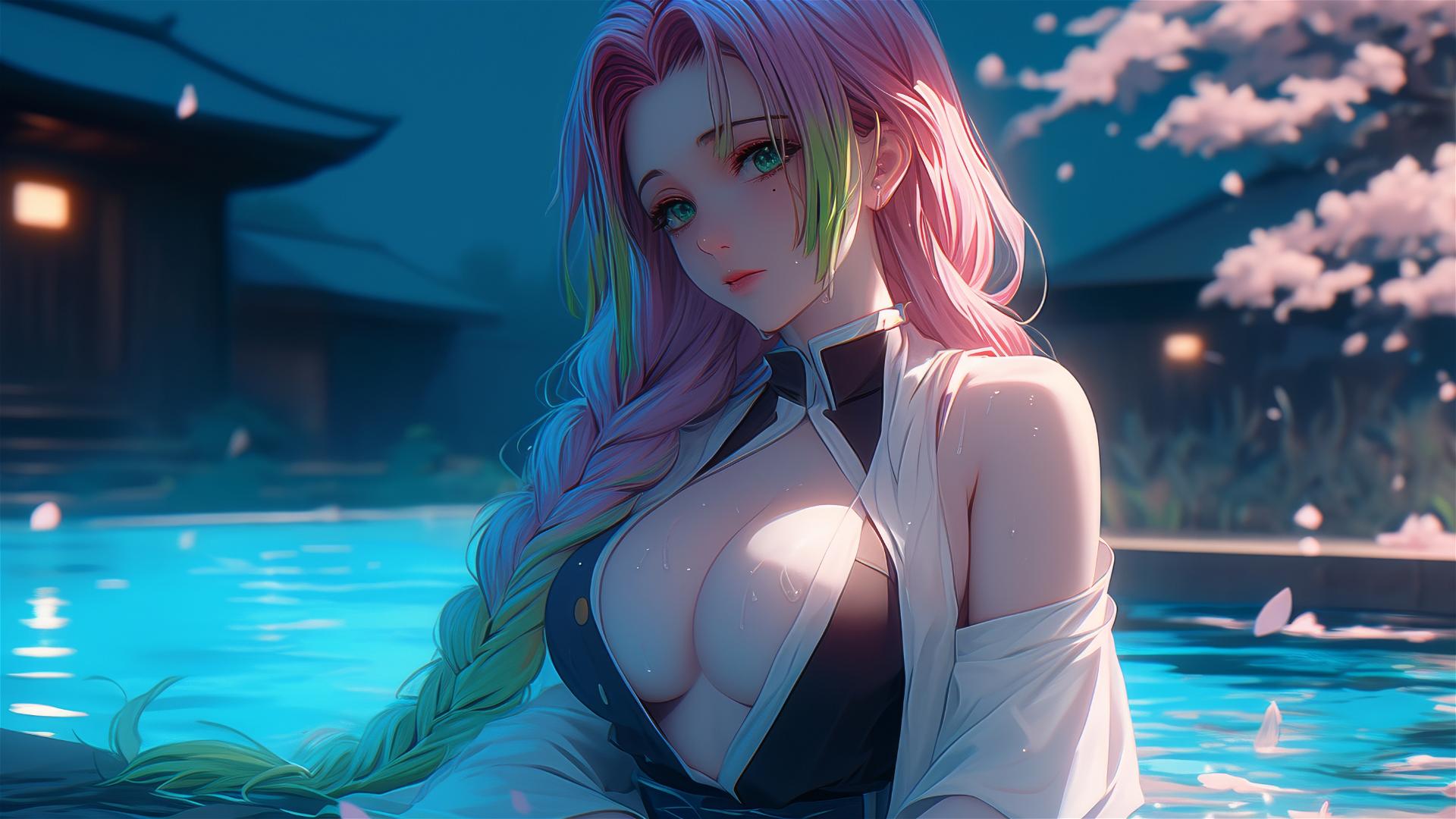 Mitsuri Kanroji from Demon Slayer resting in tub with soft moon glow