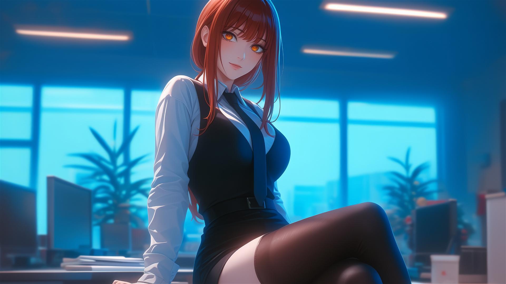 Makima from Chainsaw Man standing in office from low angle view, highlighting her redish hair and thighs